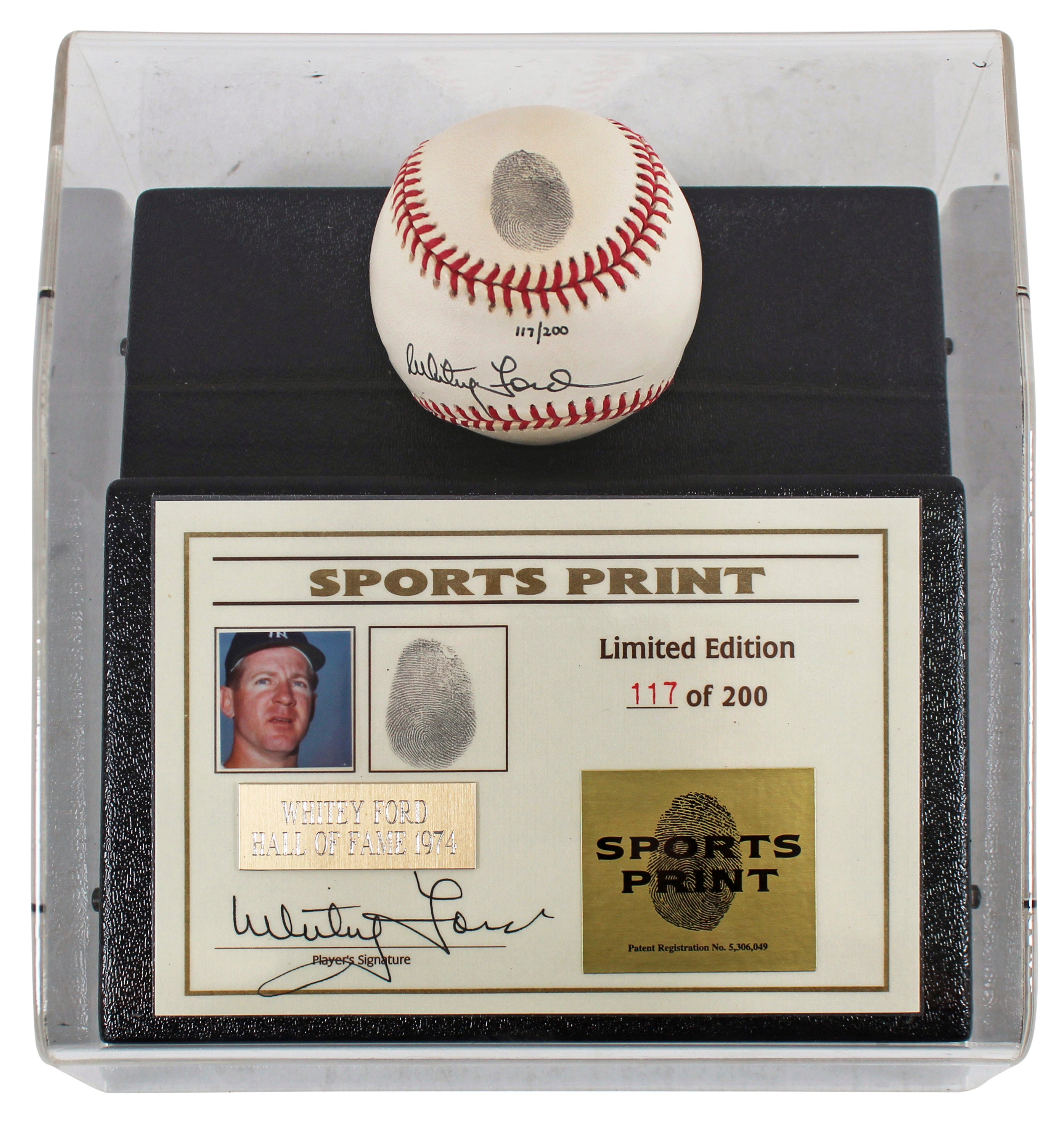 Yankees Whitey Ford Signed Thumbprint Baseball LE #'d/200 w/ Display Case BAS