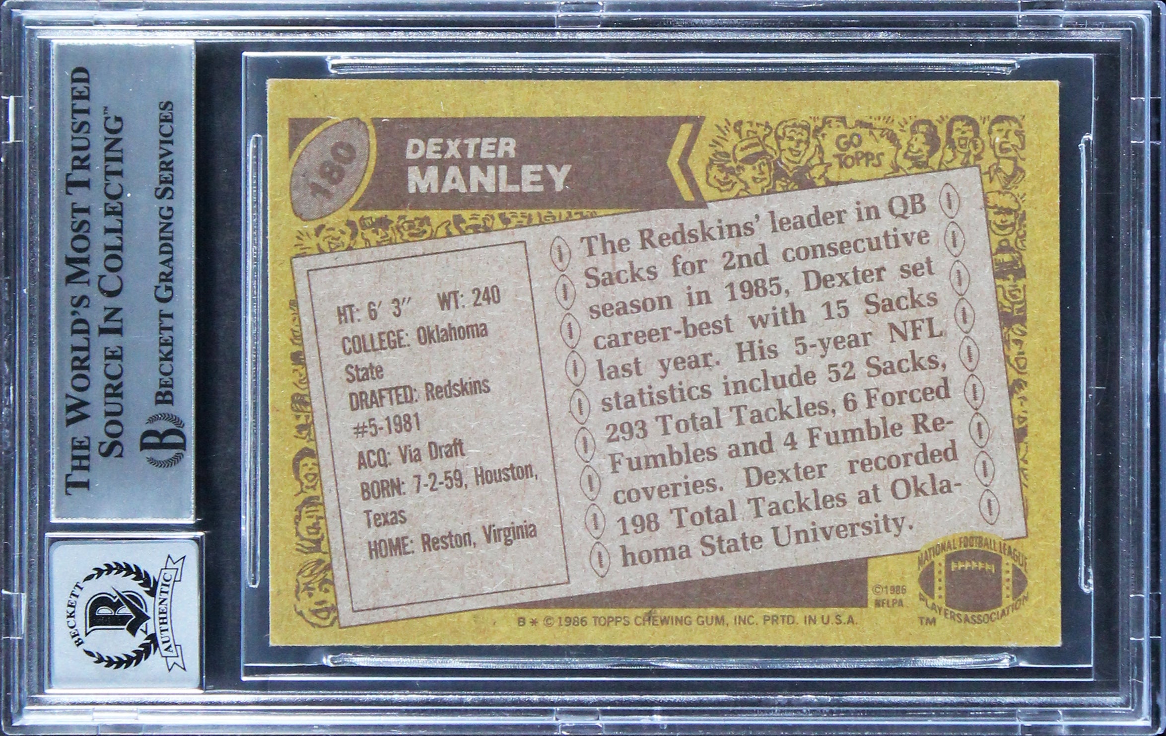Redskins Dexter Manley Authentic Signed 1986 Topps #180 Card Auto 10 BAS Slabbed