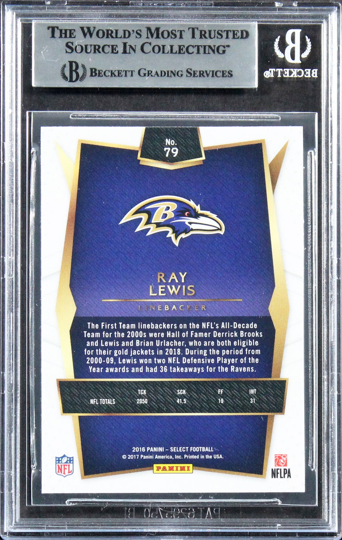 Ravens Ray Lewis Authentic Signed 2016 Select Prizm #79 Card BAS Slabbed