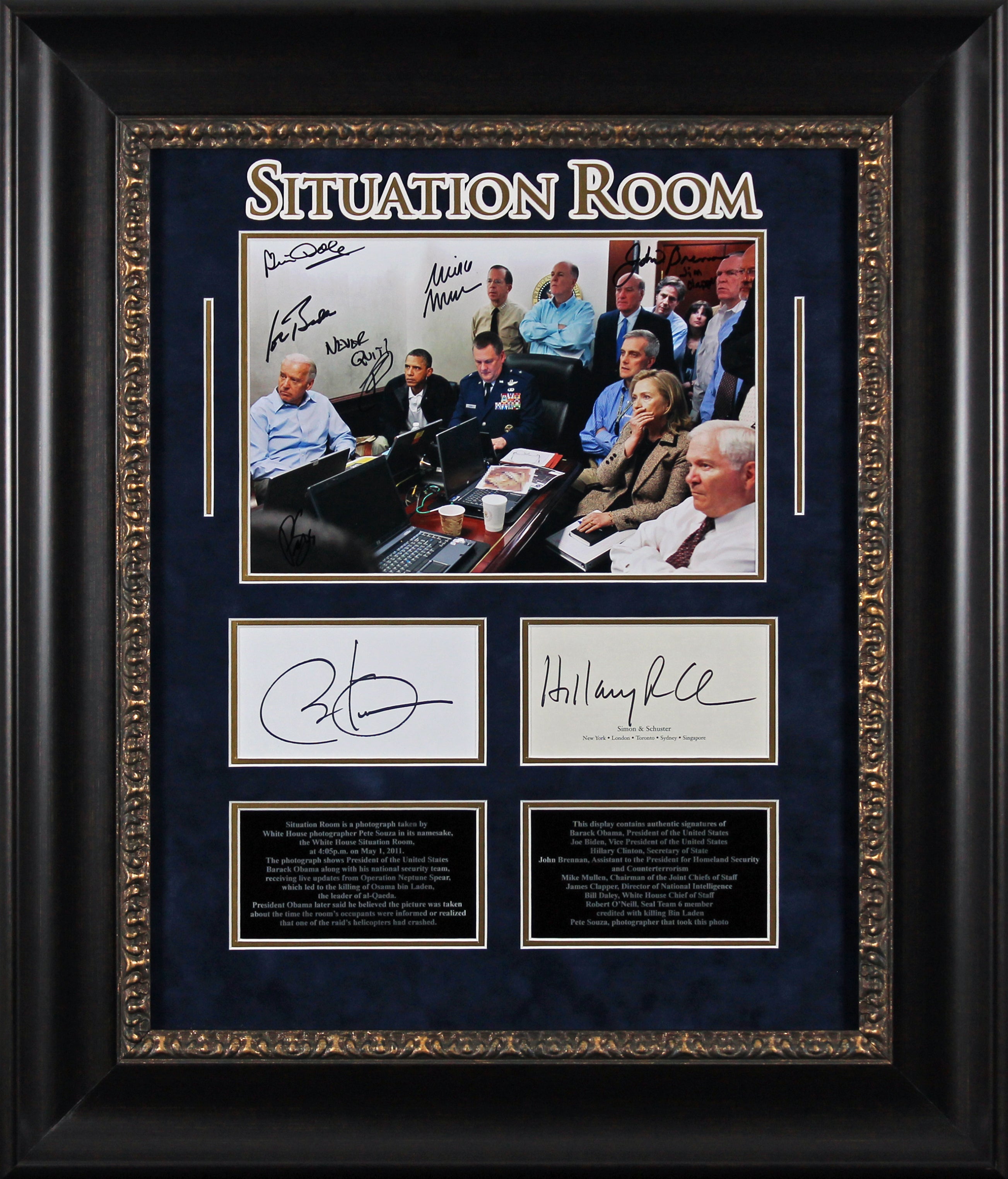 The Situation Room (9) Obama, Biden, Clinton, O'Neil Signed Framed Display BAS