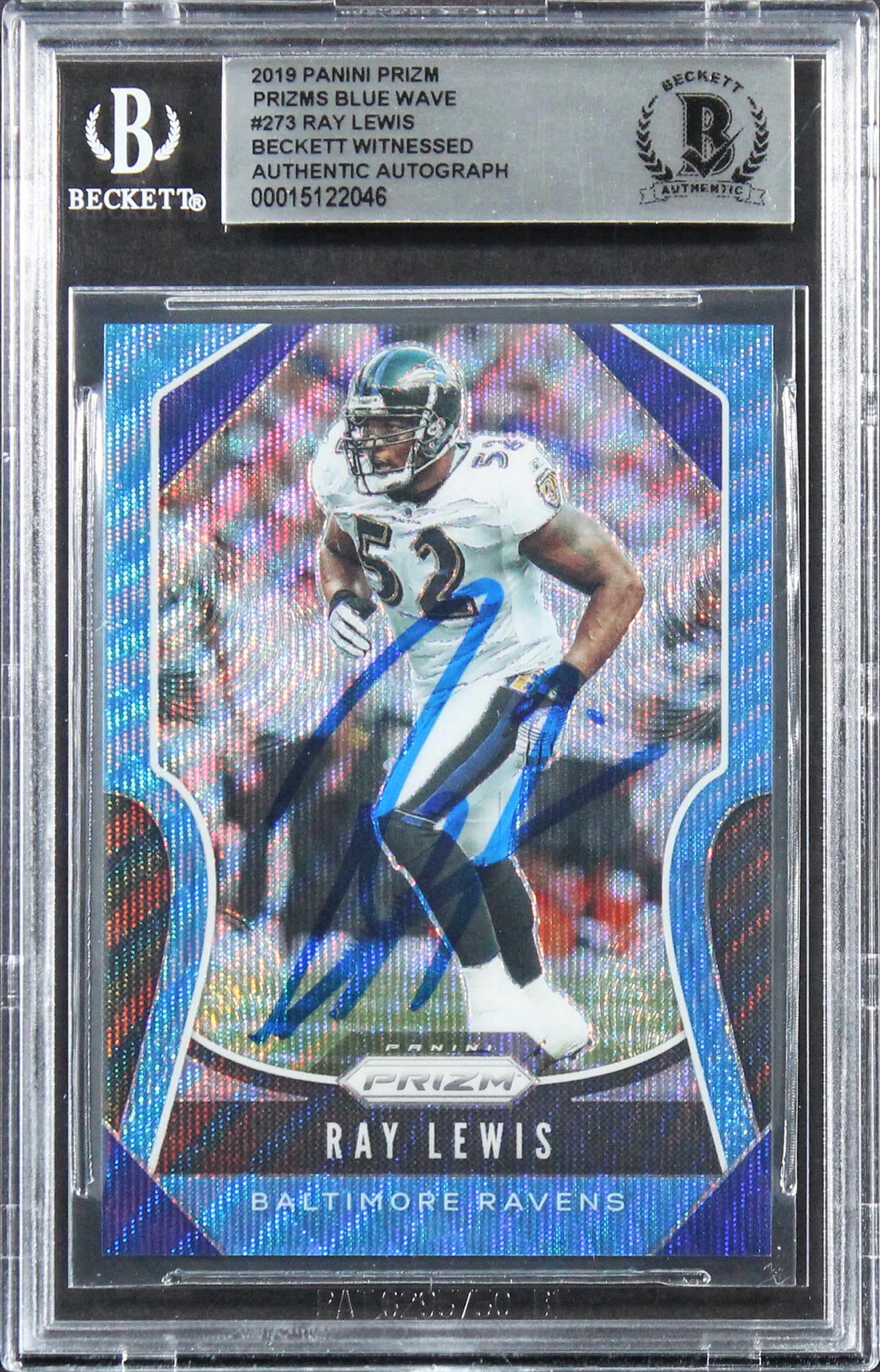 Ravens Ray Lewis Signed 2019 Panini Prizm Prizms Blue Wave #273 Card BAS Slabbed