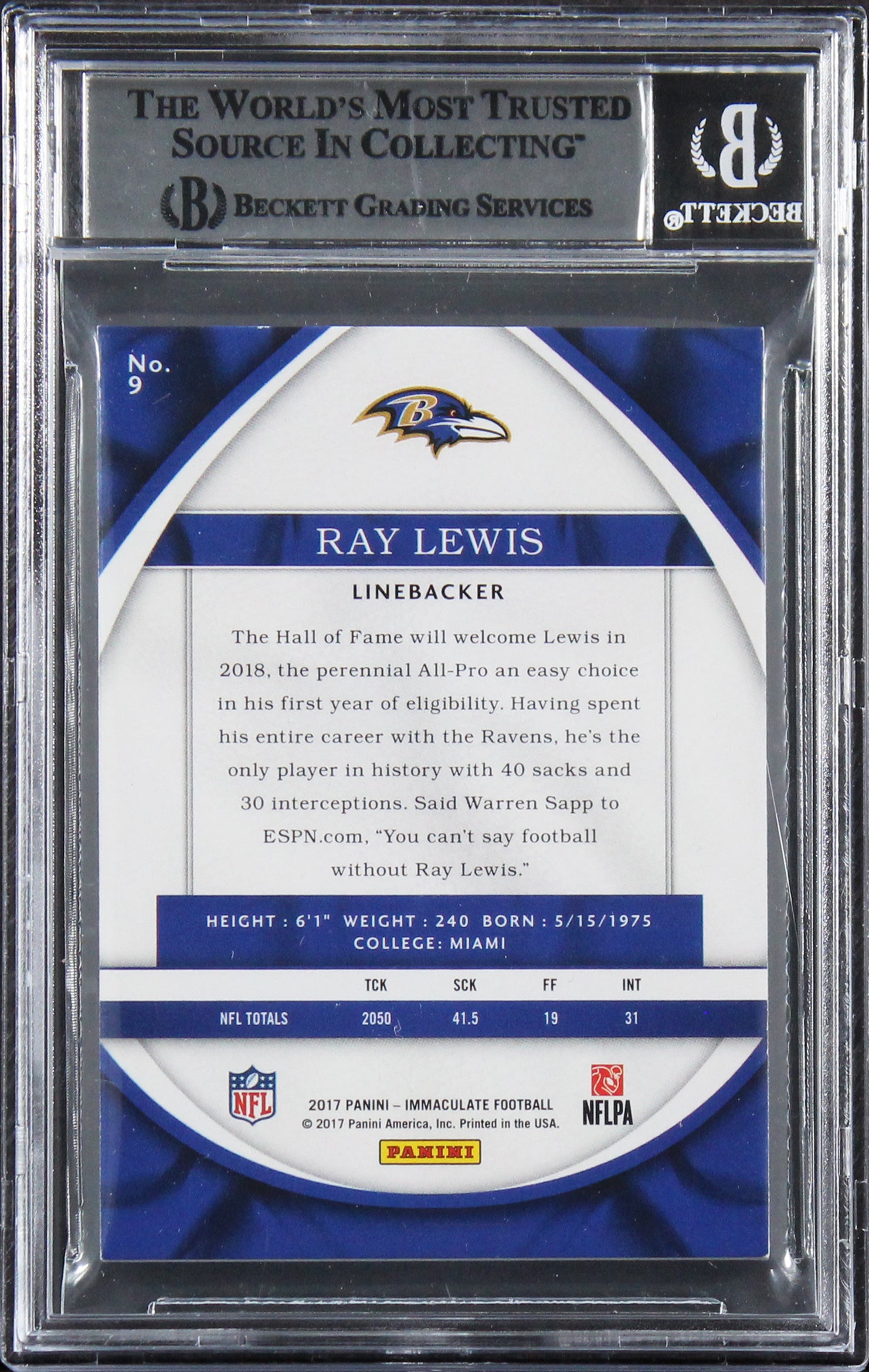 Ray Lewis Authentic Signed 2017 Immaculate Collection #9 61/99 Card BAS Slabbed