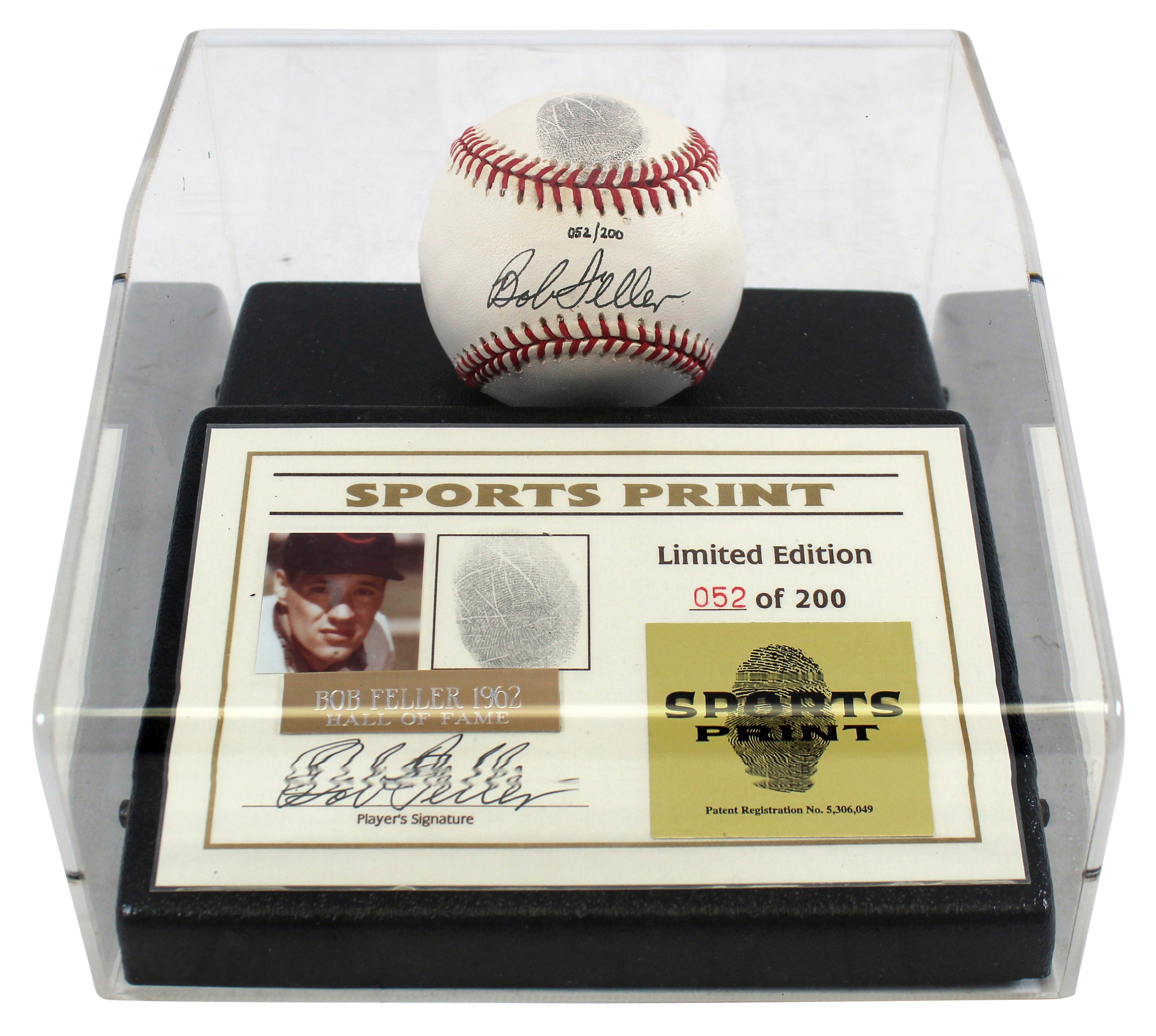 ** HOLIDAY DOORBUSTER ** Indians Bob Feller Signed Thumbprint Baseball LE #'d/200 w/ Display Case BAS