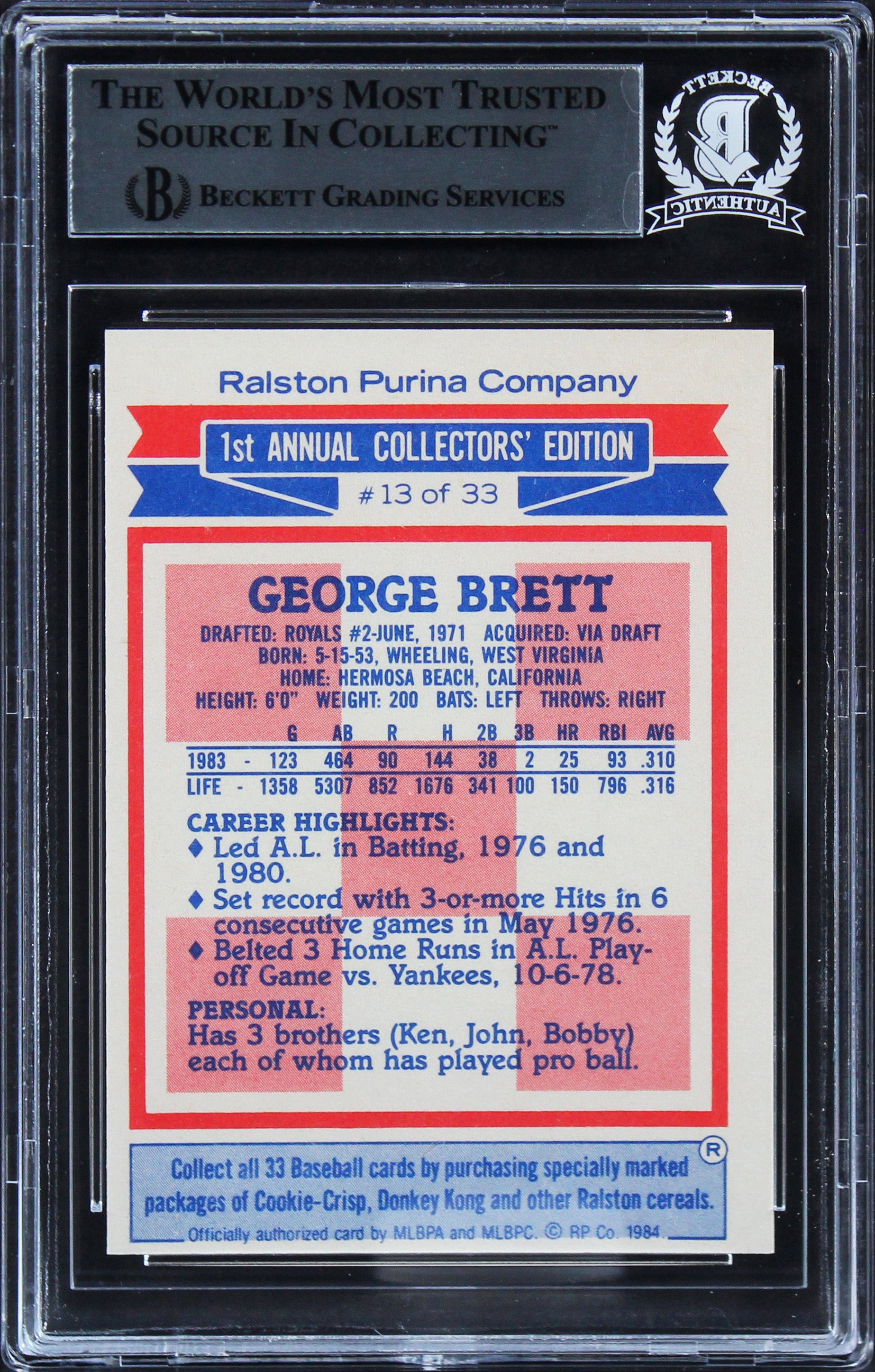 Royals George Brett Authentic Signed 1984 Topps/Ralston Purina #13 Card BAS Slab