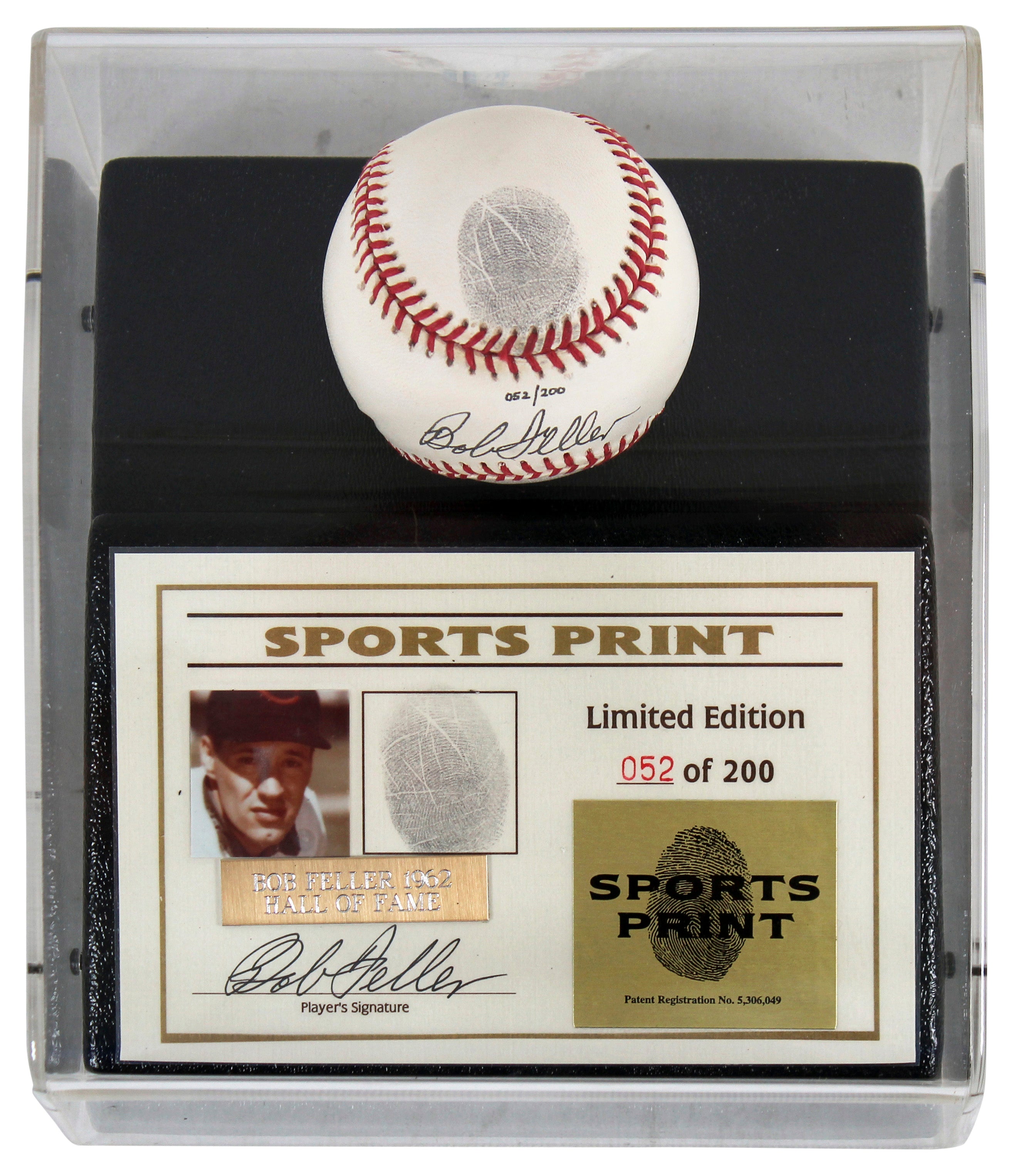 Indians Bob Feller Signed Thumbprint Baseball LE #'d/200 w/ Display Case BAS