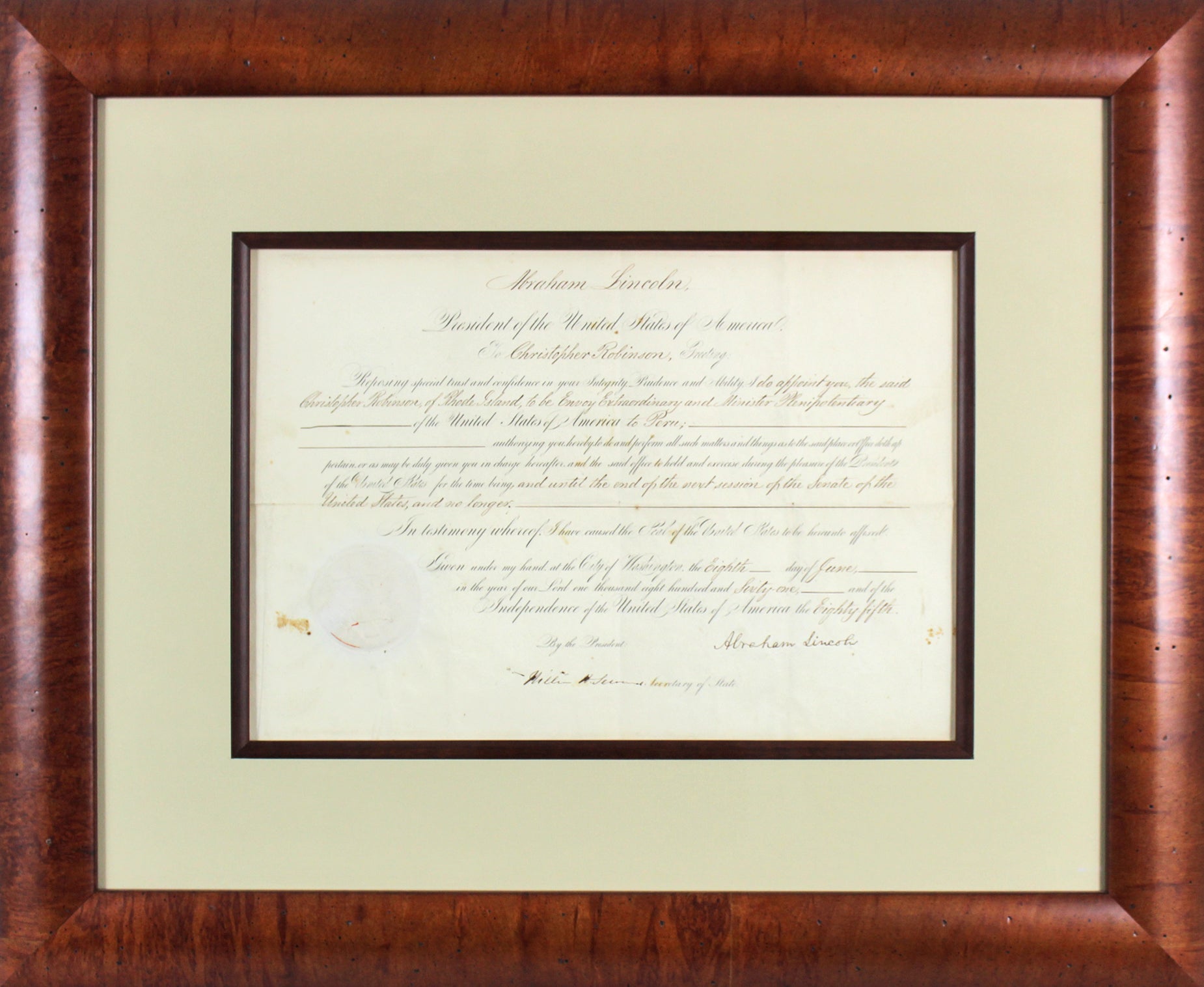Abraham Lincoln Signed 11x15.5 1861 Ambassador Appointment Auto Graded 10! BAS