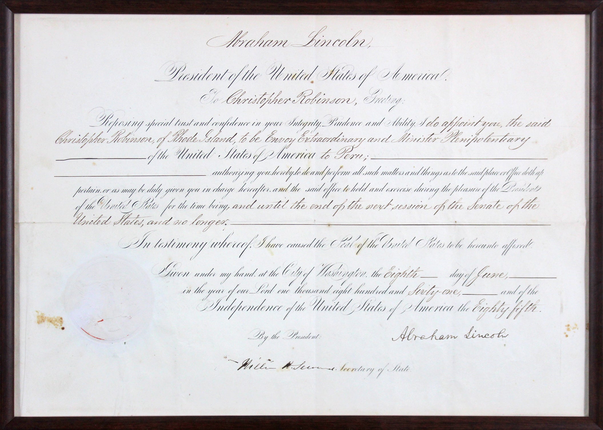 Abraham Lincoln Signed 11x15.5 1861 Ambassador Appointment Auto Graded 10! BAS