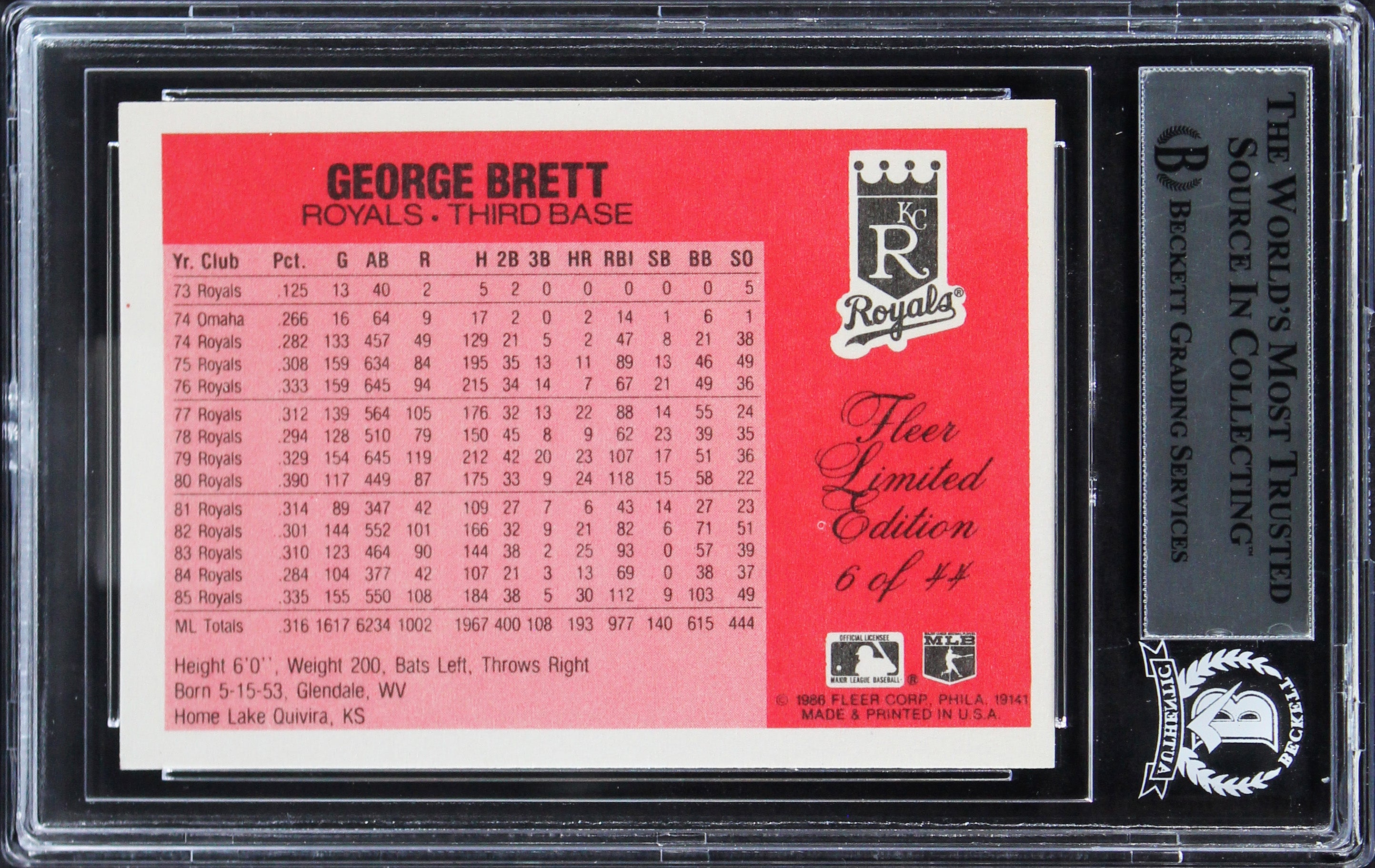 Royals George Brett Authentic Signed 1986 Fleer Limited Edition #6 Card BAS Slab