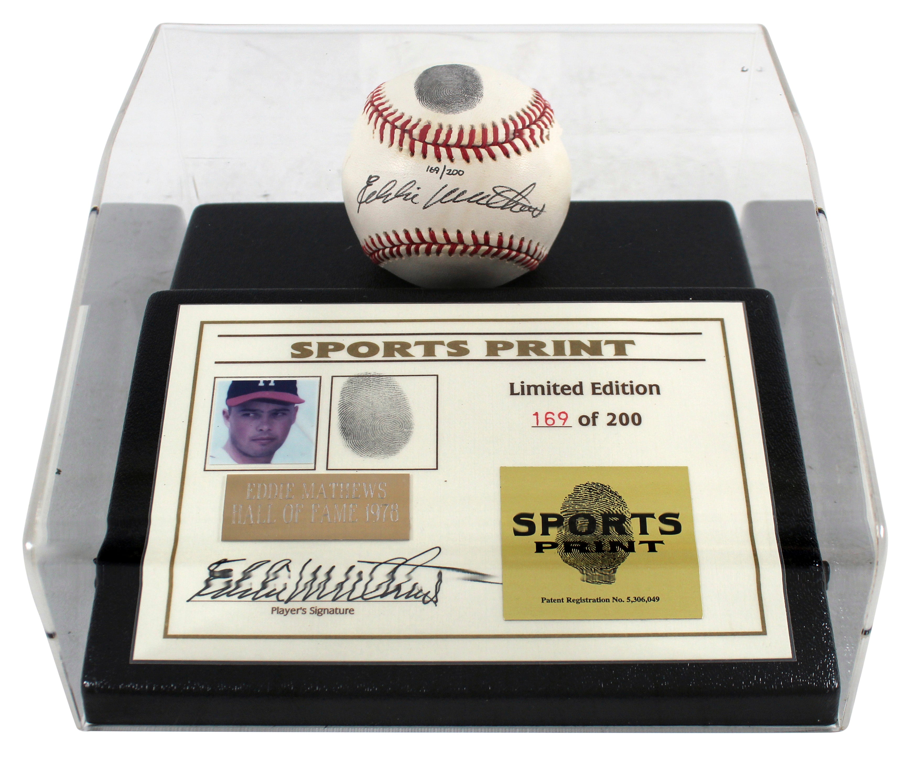 ** HOLIDAY DOORBUSTER ** Braves Eddie Mathews Signed Thumbprint Baseball LE #'d/200 w/ Display Case BAS