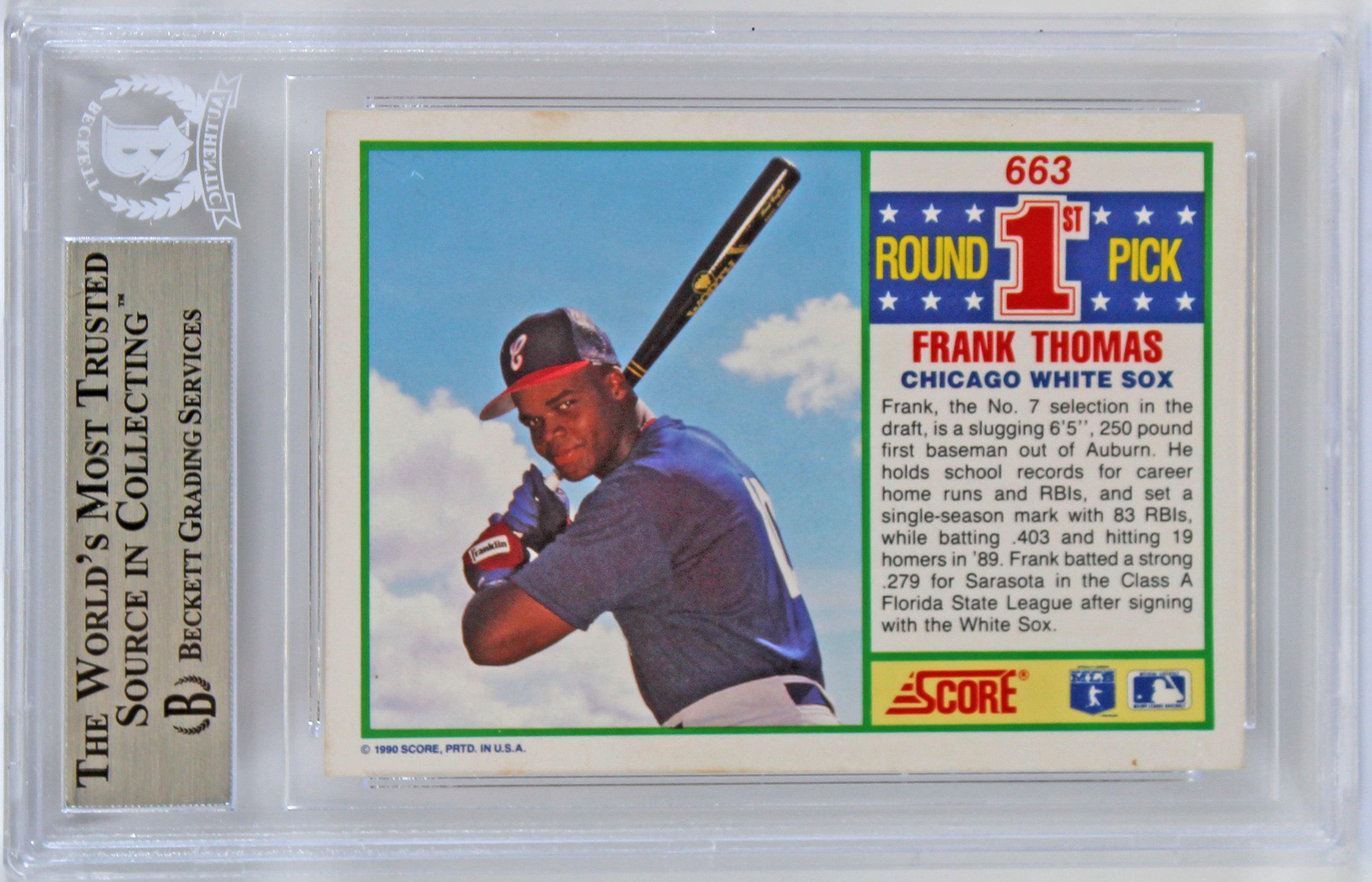 White Sox Frank Thomas Authentic Signed 1990 Score #663 Rookie Card BAS Slabbed