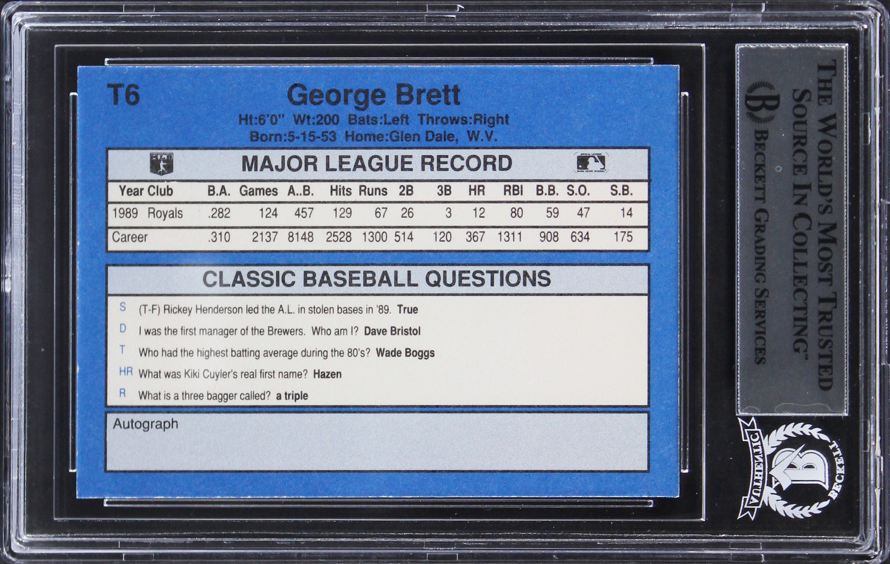 Royals George Brett Authentic Signed 1990 Classic Update #T6 Card BAS Slab