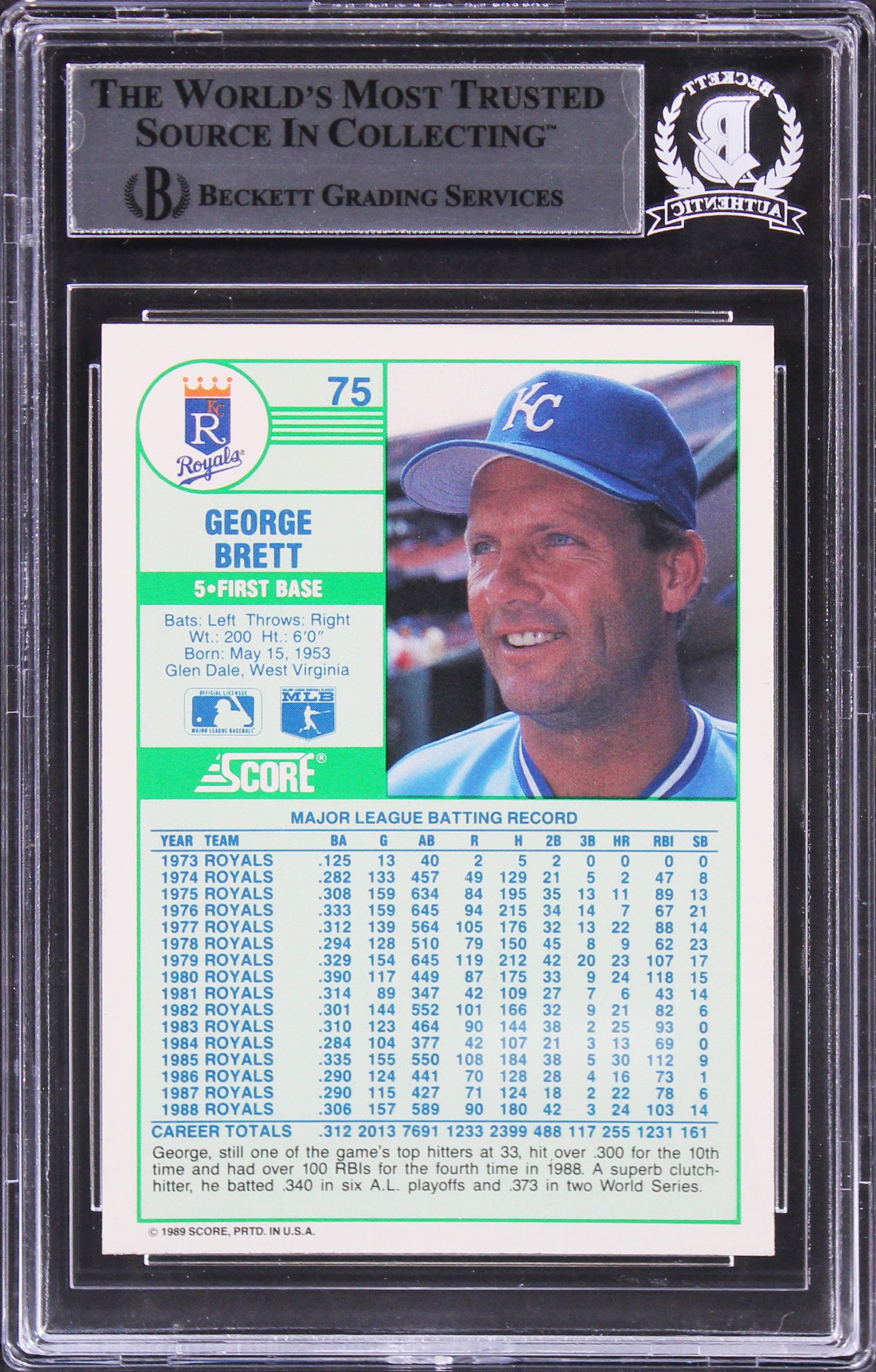 Royals George Brett Authentic Signed 1989 Score #75 Card Autographed BAS Slabbed