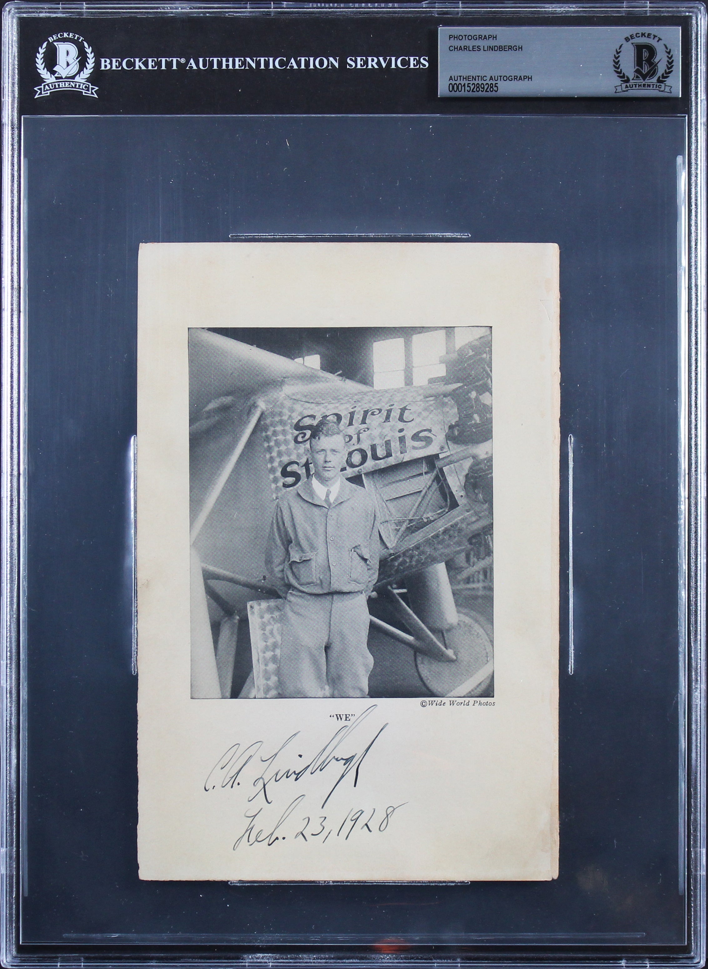 Charles Lindbergh Feb. 23, 1928 Authentic Signed 5.25x8 Photo BAS Slabbed