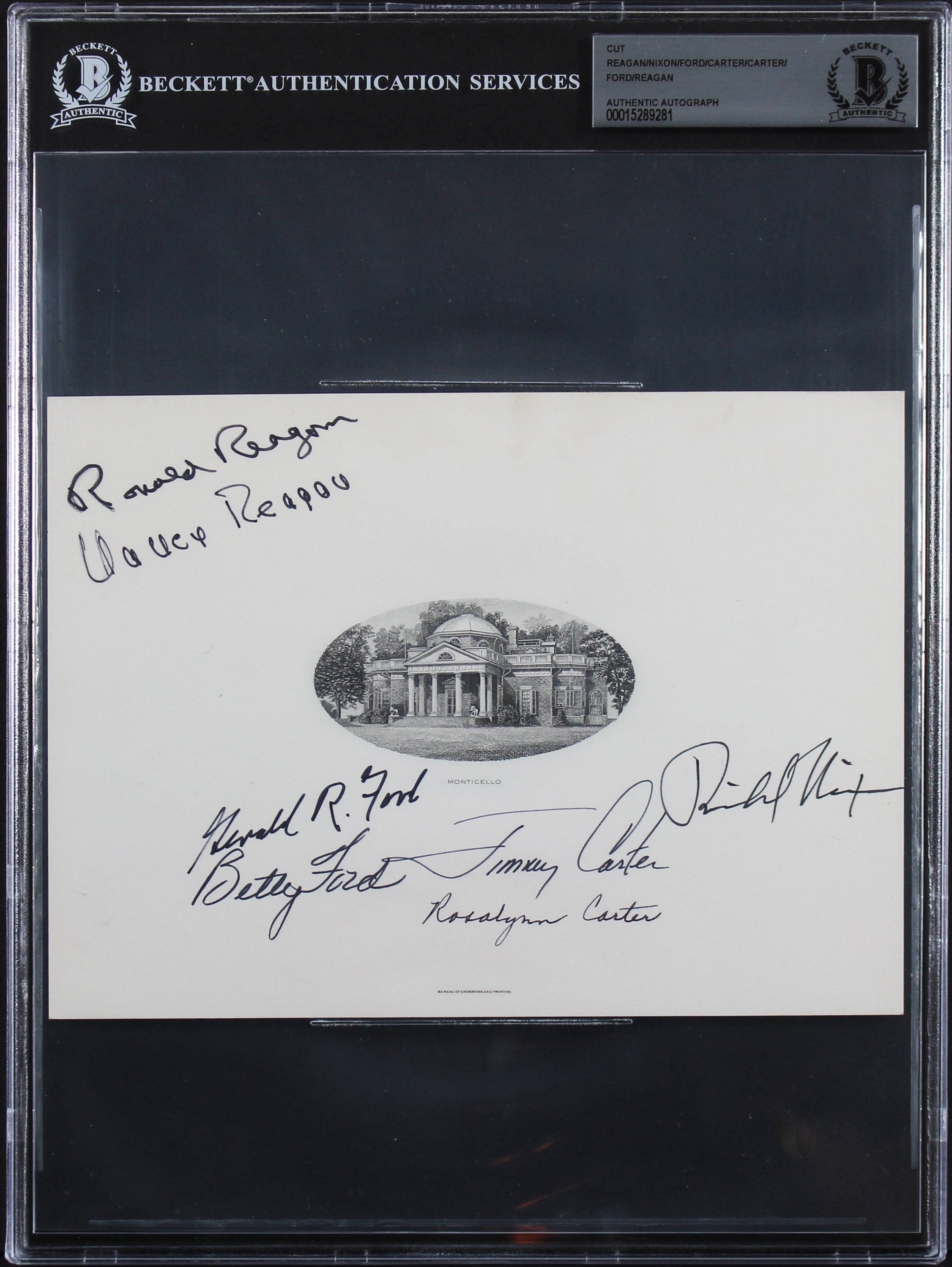 Presidents & 1st Ladies (7) Reagan, Nixon, Ford, Carter Signed Cut Sig BAS Slab