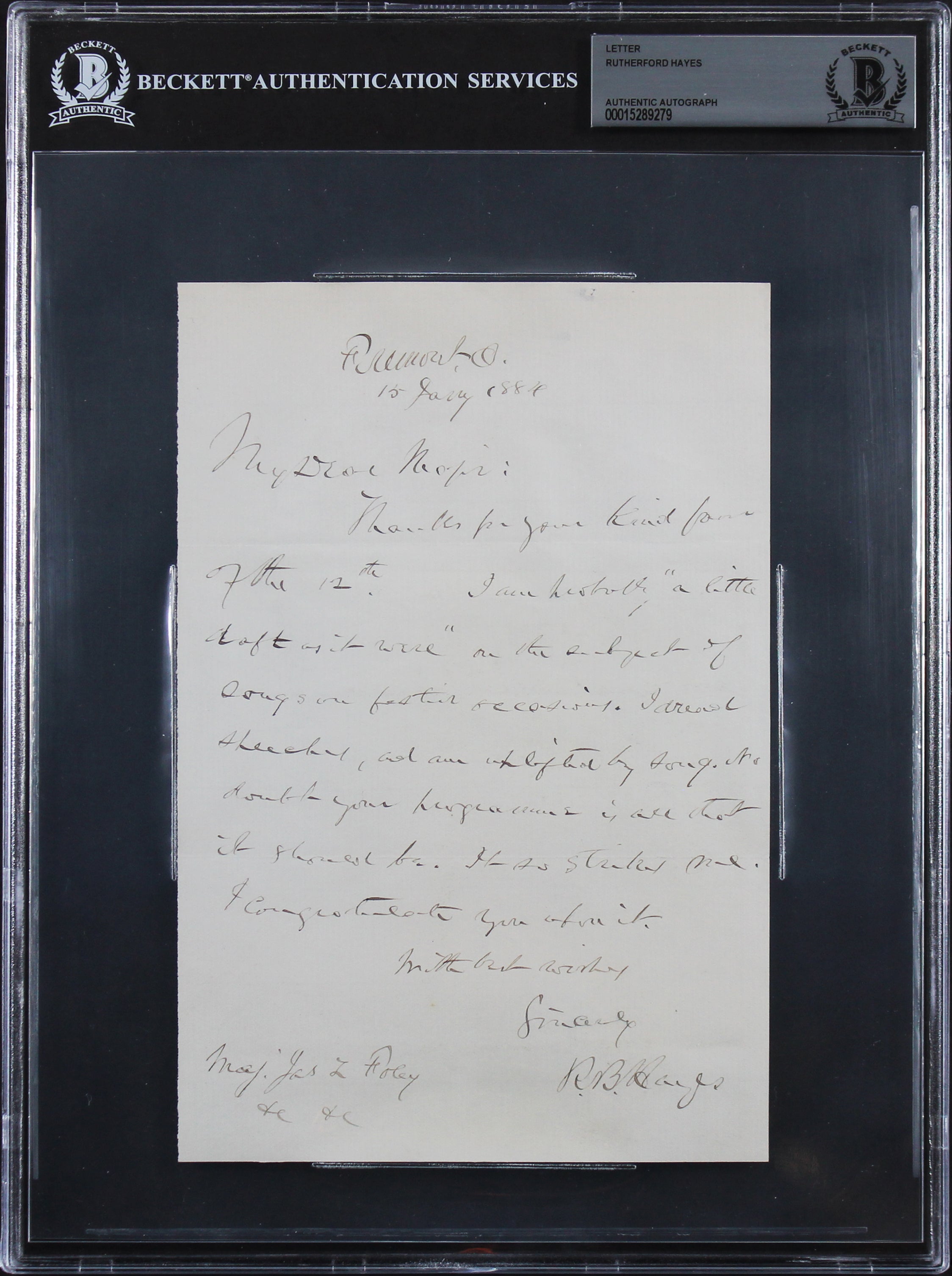 Rutherford B. Hayes Authentic Signed 5.5x8.25 Hand Written Letter BAS Slabbed