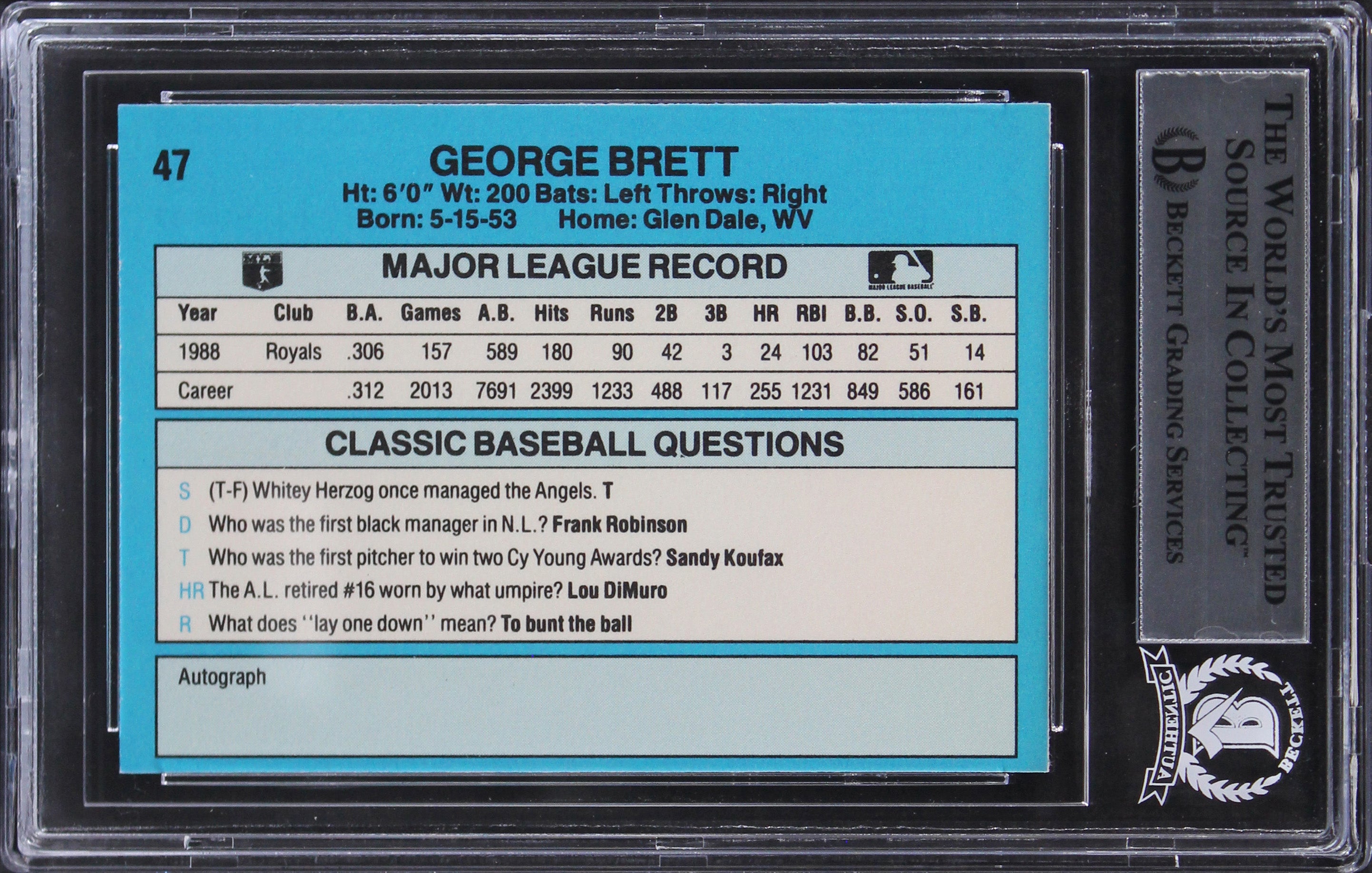 Royals George Brett Authentic Signed 1989 Classic Light Blue #47 Card BAS Slab