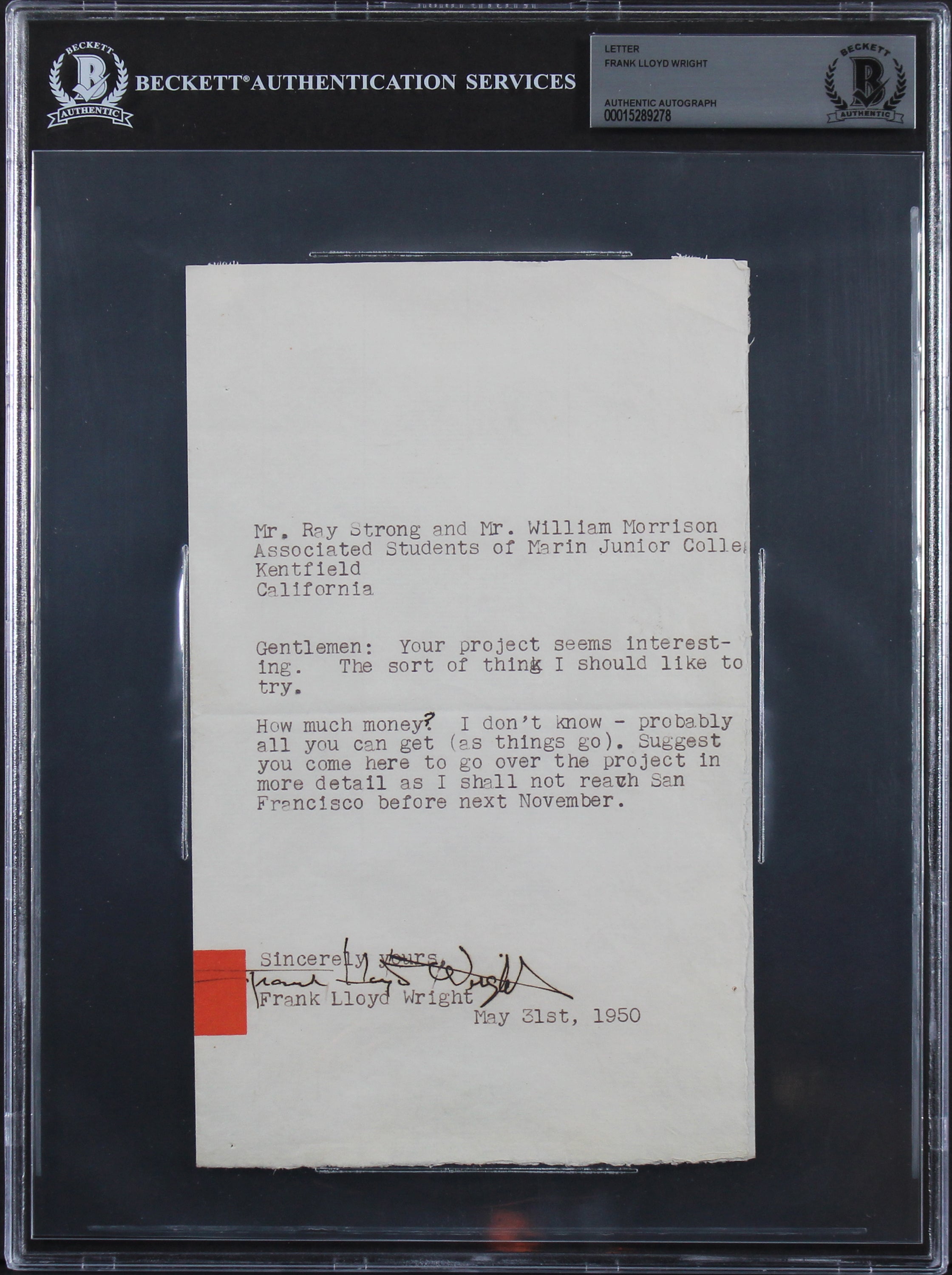 Frank Lloyd Wright Authentic Signed 5.15x8.6 1950 Letter BAS Slabbed