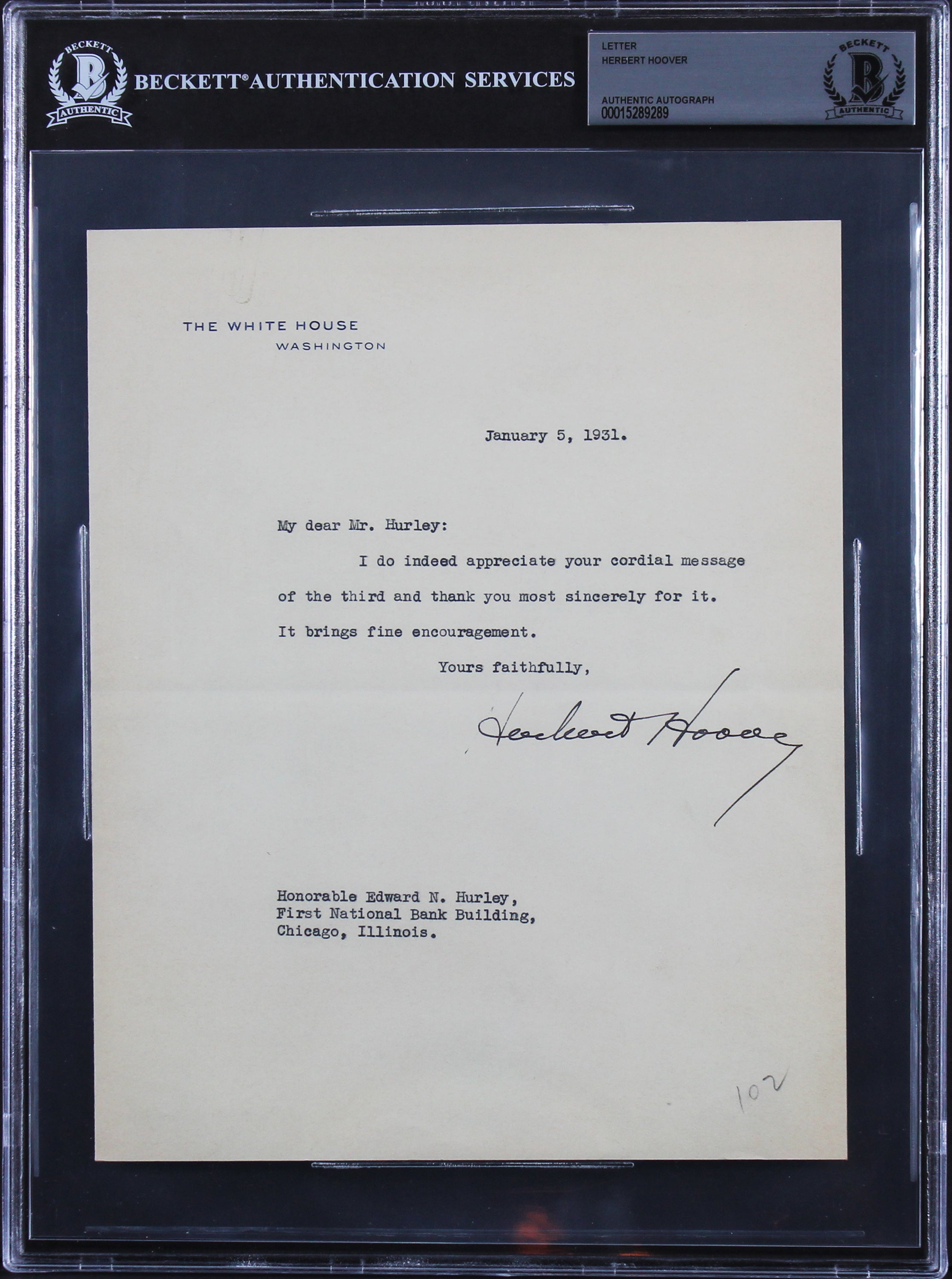 Herbert Hoover Signed 7x8.75 1931 Letter On White House Letterhead BAS Slabbed 1