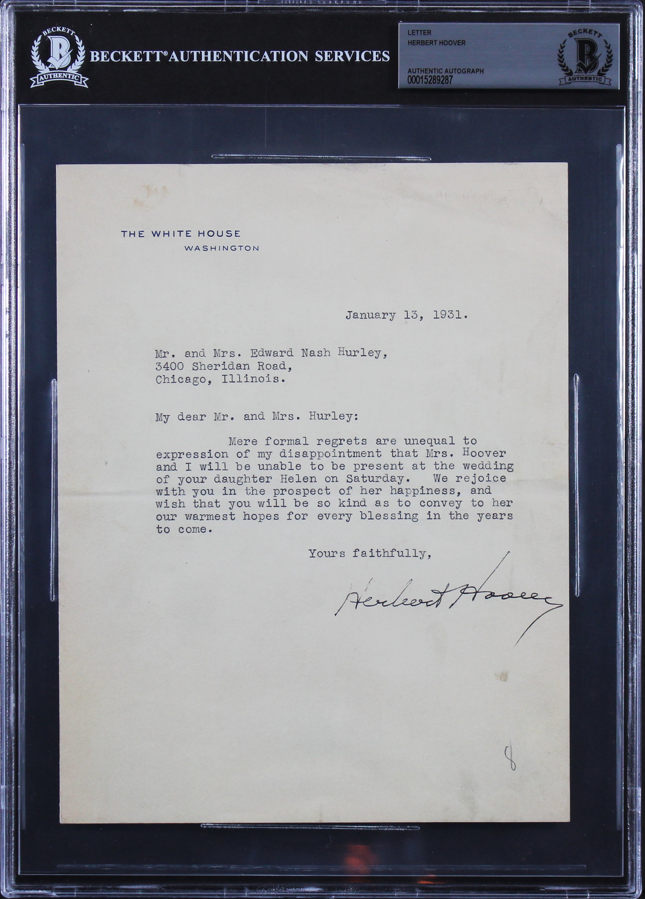 Herbert Hoover Signed 7x8.75 1931 Letter On White House Letterhead BAS Slabbed 2