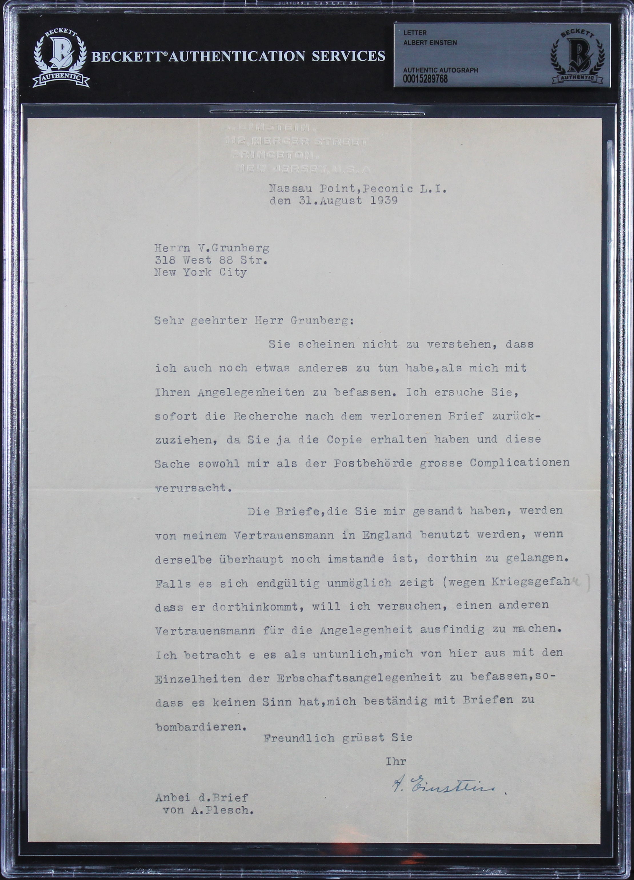 Albert Einstein Authentic Signed 8x10 1939 Typed Letter BAS Slabbed