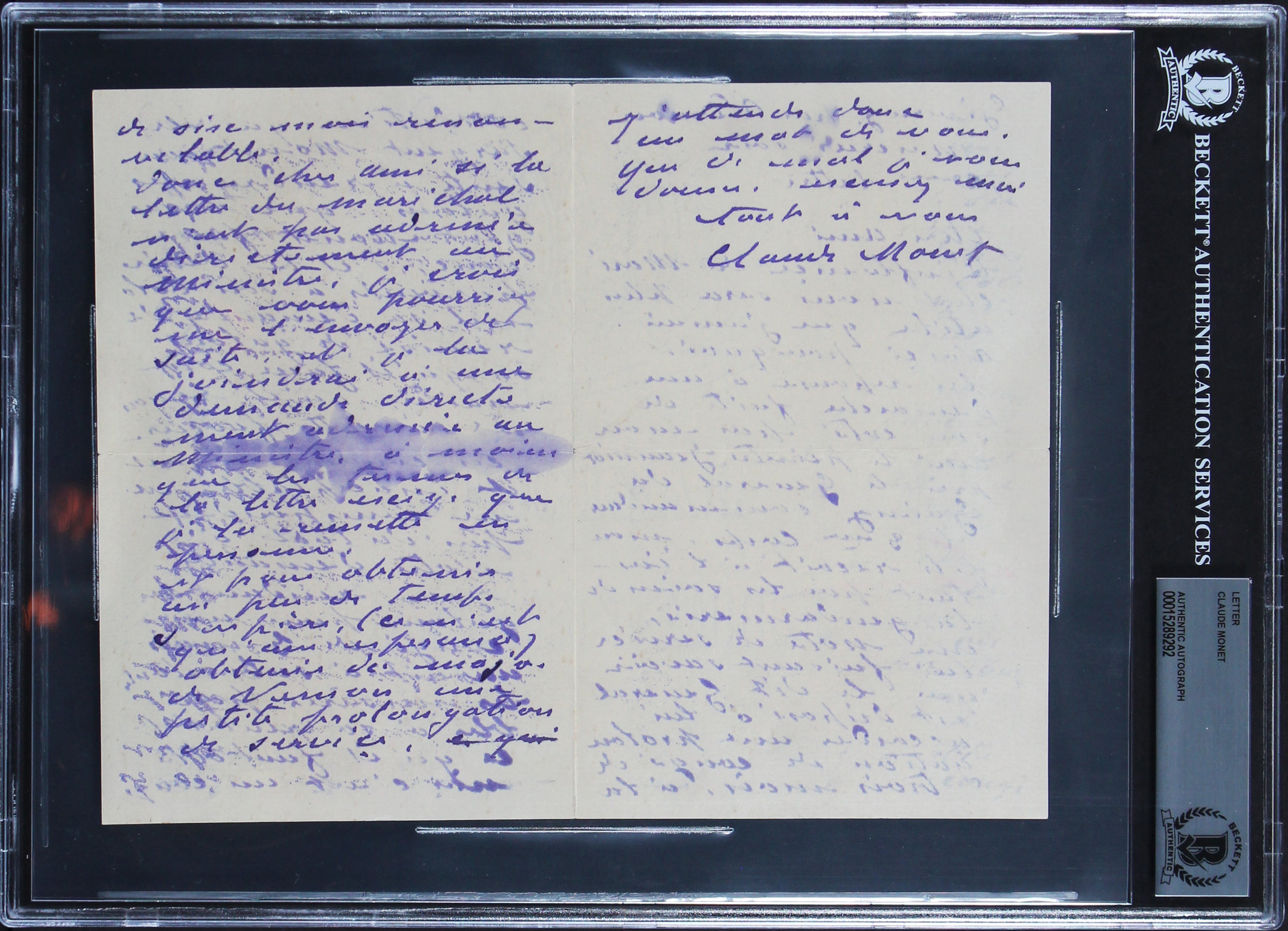 Claude Monet Authentic 3x Signed 7x9 Hand Written Letter BAS Slabbed