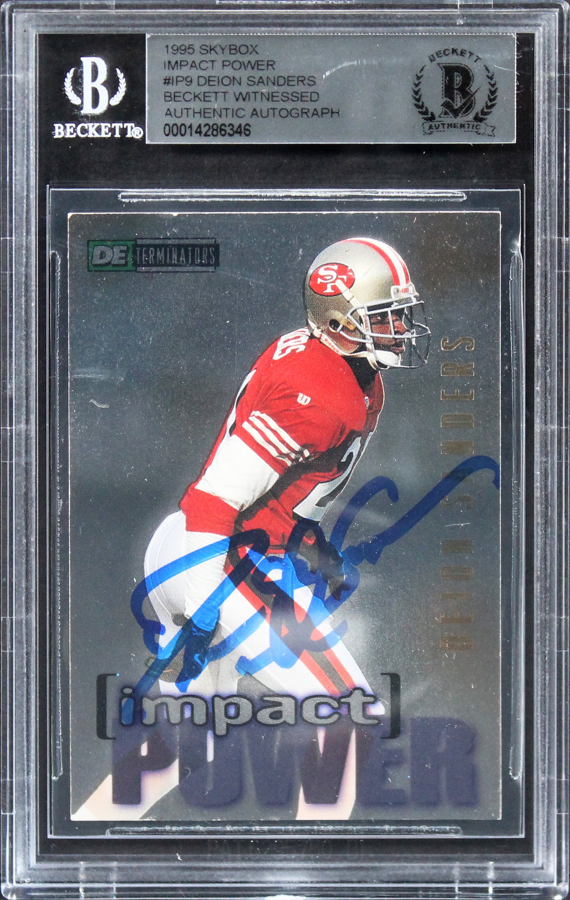 49ers Deion Sanders Authentic Signed 1995 Skybox Impact Power #IP9 Card BAS Slab