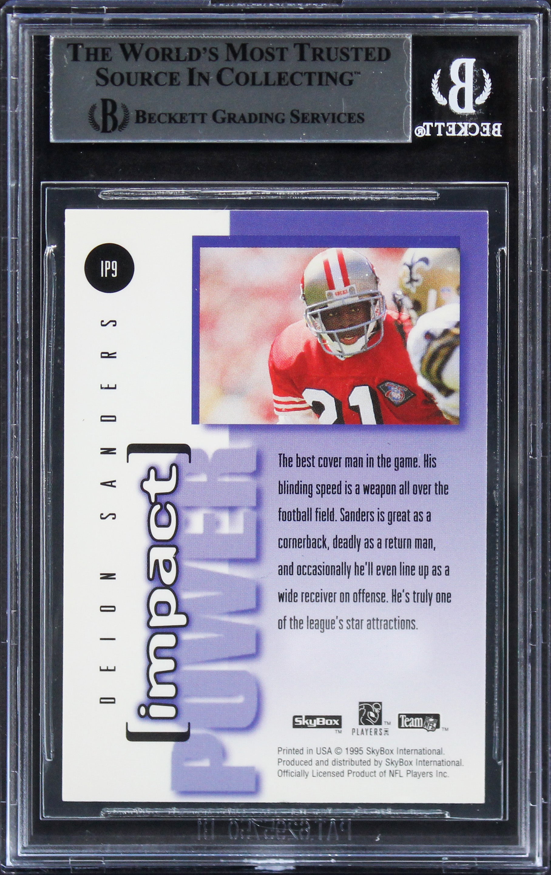 49ers Deion Sanders Authentic Signed 1995 Skybox Impact Power #IP9 Card BAS Slab