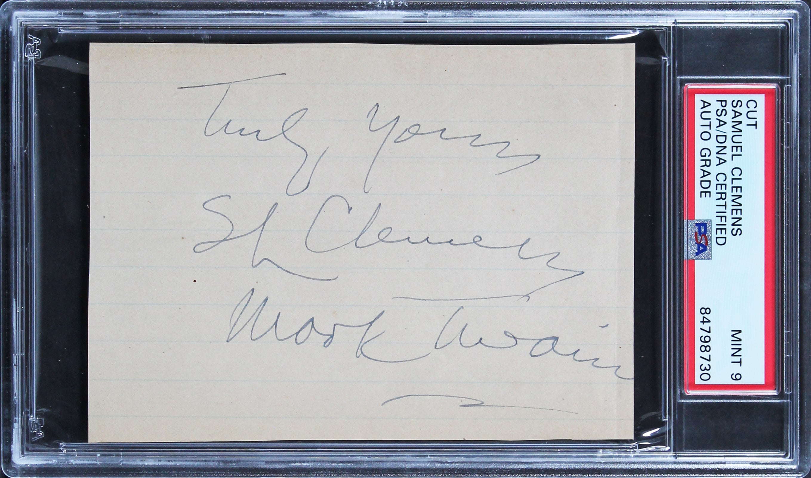 Samuel Clemens "Truly Yours, Mark Twain" Signed 3.5x4.75 Cut Sig Auto 9 PSA Slab