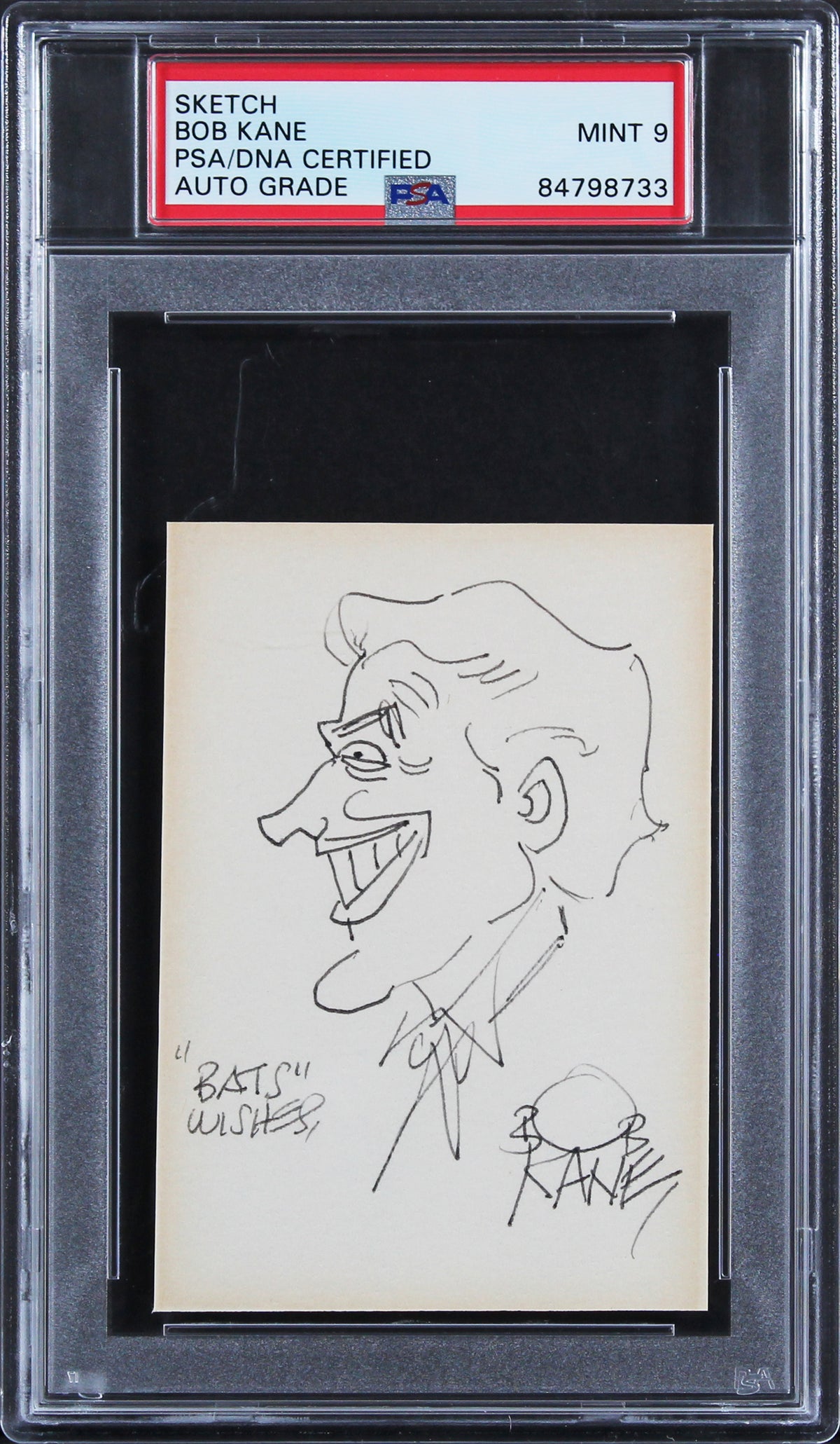 Bob Kane "Bats Wishes" Signed 2.75x4 Joker Sketch Auto Graded 9! PSA/DNA Slabbed