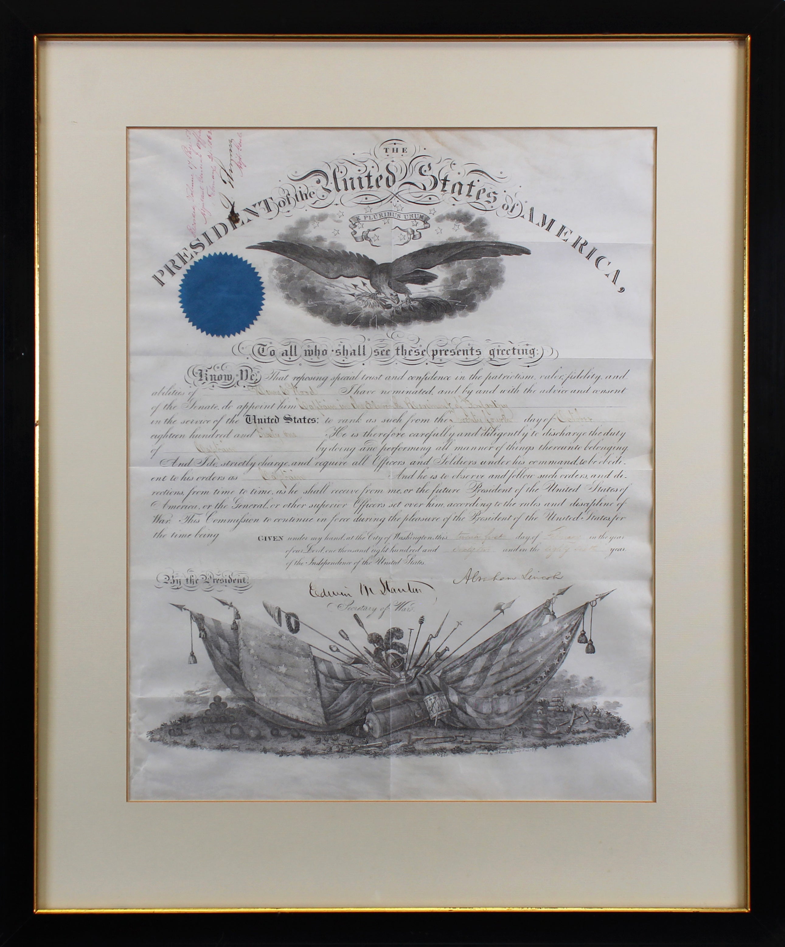 Abraham Lincoln Signed & Framed 13x17 1862 Military Commission BAS #AA03821