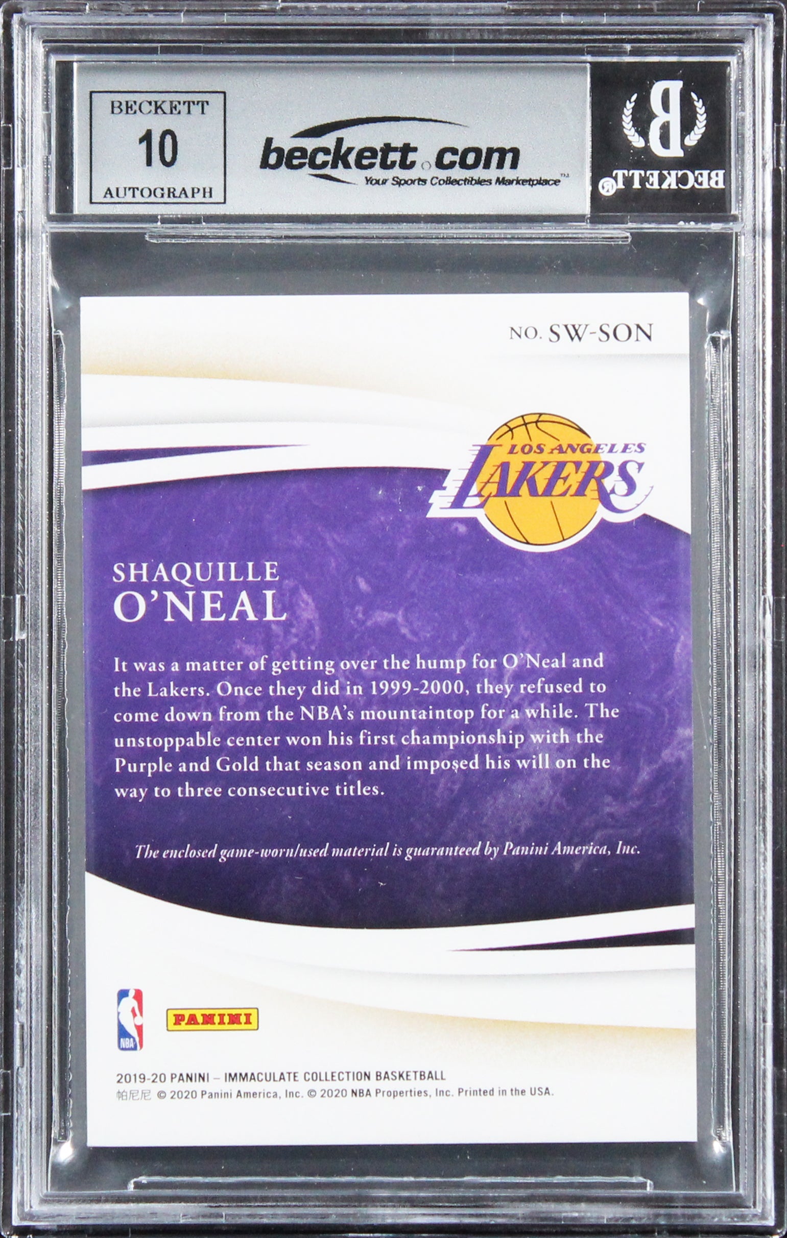 Shaquille O'Neal Signed 2019 Immaculate Swatches #7 14/49 Card Auto 10! BAS Slab