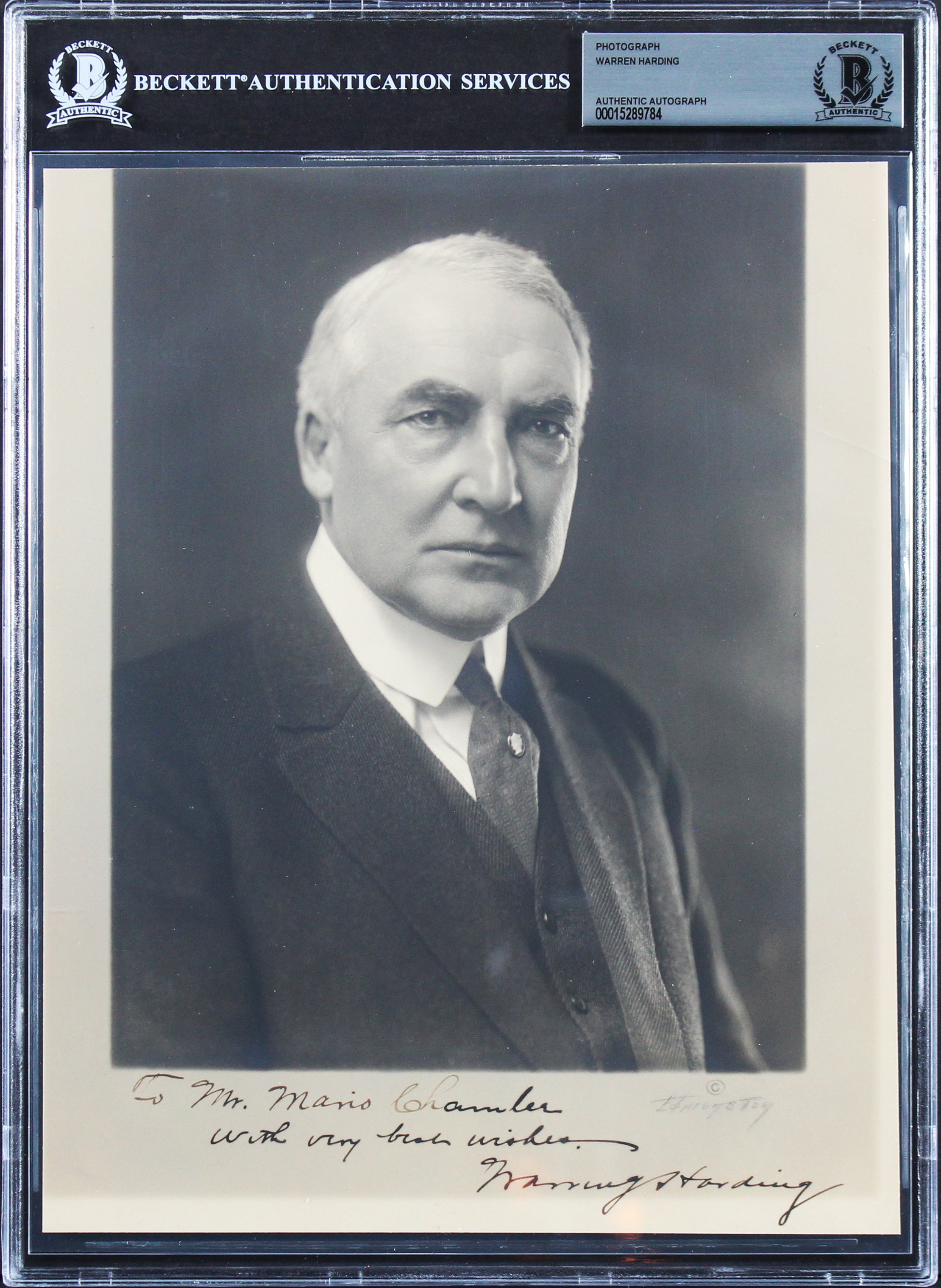 Warren G. Harding "Best Wishes" Authentic Signed 8x10 B&W Photo BAS Slabbed