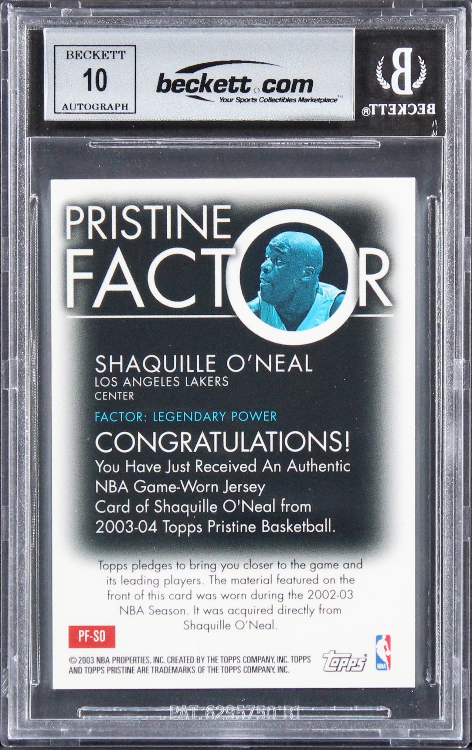 Shaquille O'Neal Signed 2003 Topps Pristine Relics #SO Card Auto 10! BAS Slabbed