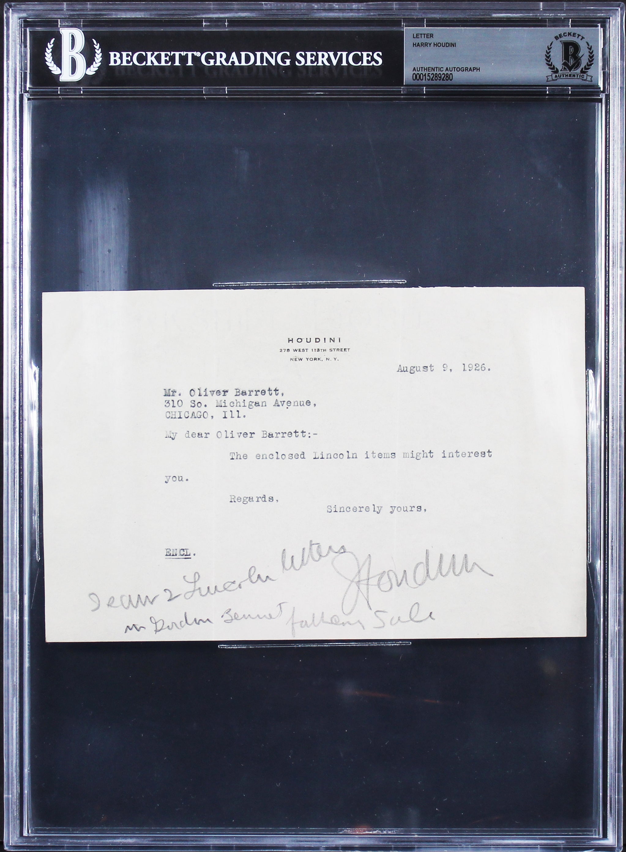 Harry Houdini Signed 5.5x8.25 1926 Letter On Personal Letterhead BAS Slabbed