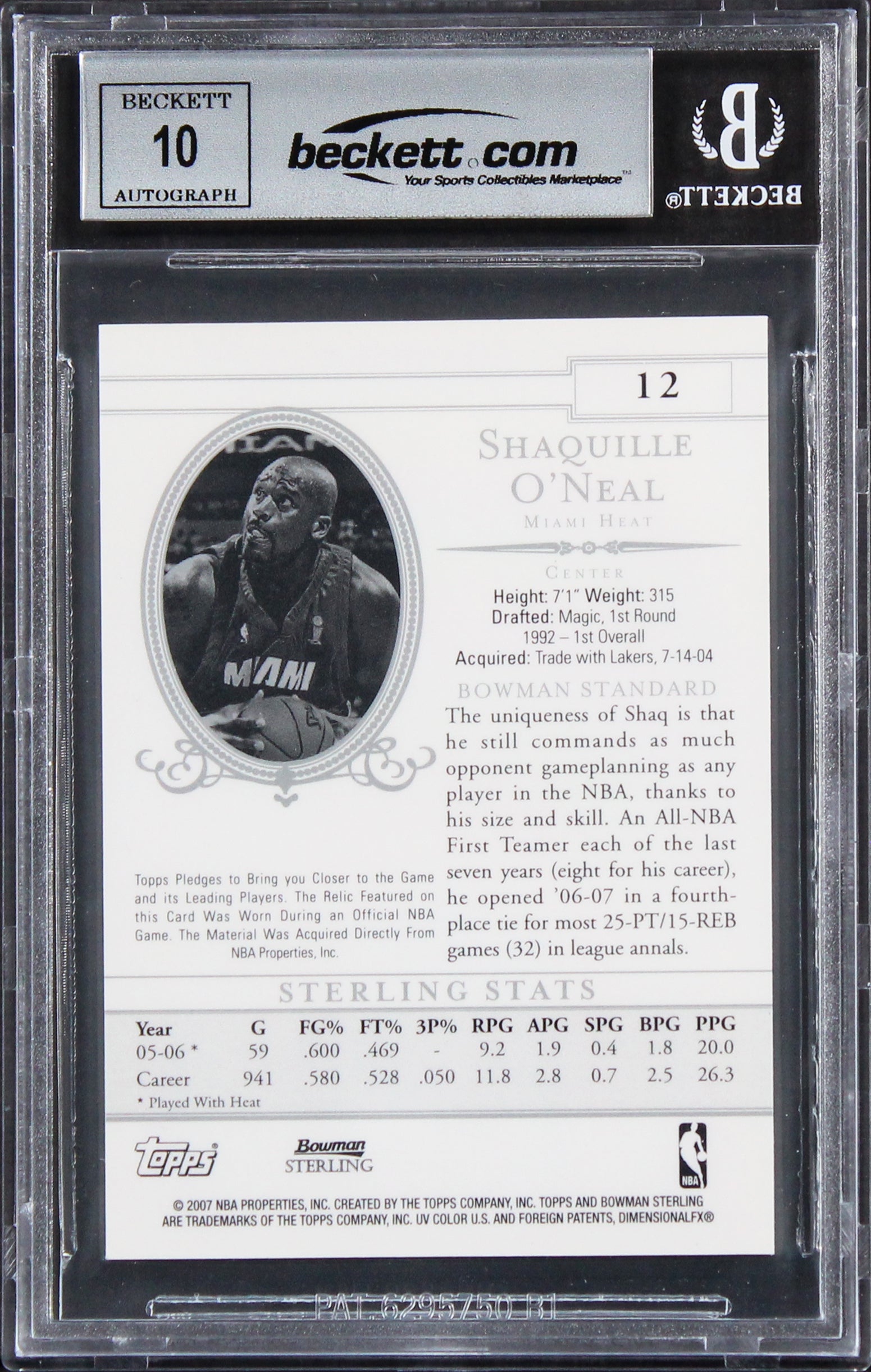 Heat Shaquille O'Neal Signed 2006 Bowman Sterling #12 JSY Card Auto 10! BAS Slab