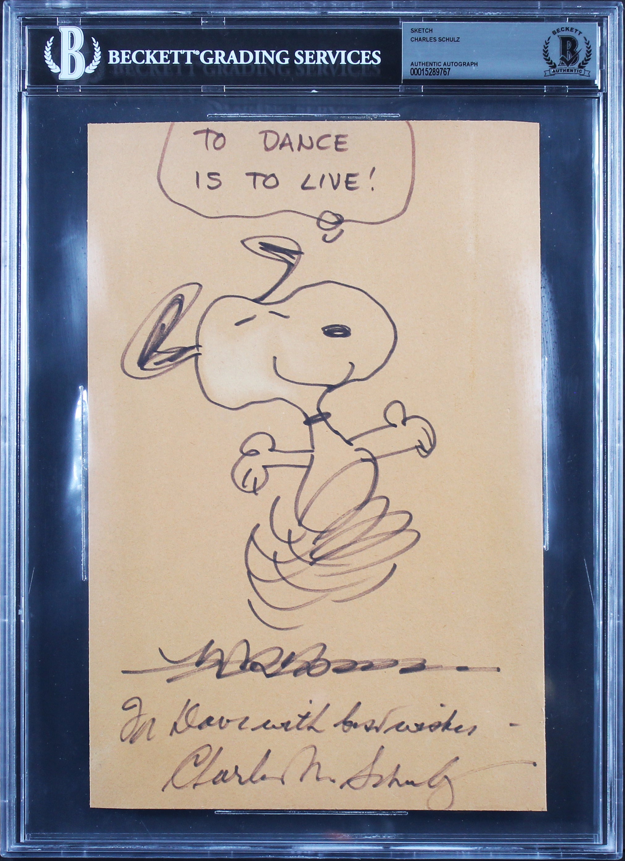 Charles Schulz Peanuts "Best Wishes" Signed 7x10 Drawn Snoopy Sketch BAS Slabbed