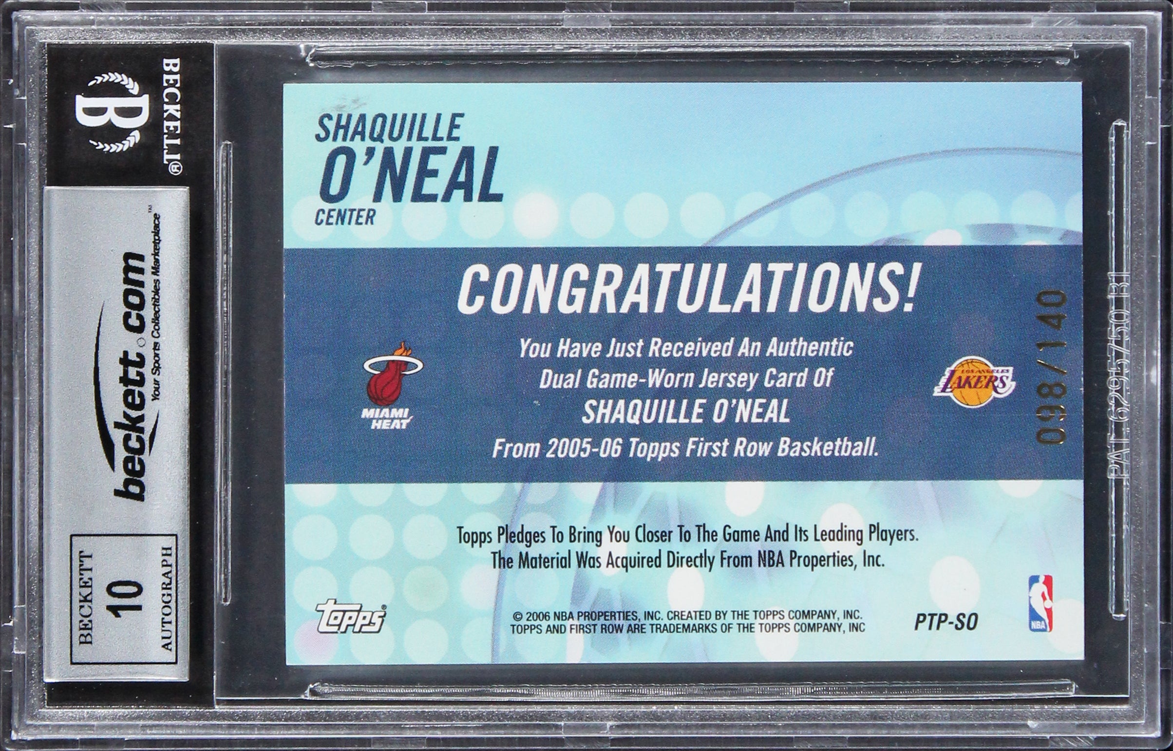 Shaquille O'Neal Signed 05 Topps 1st Row PTPDR #SO2 98/140 Card Auto 10 BAS Slab