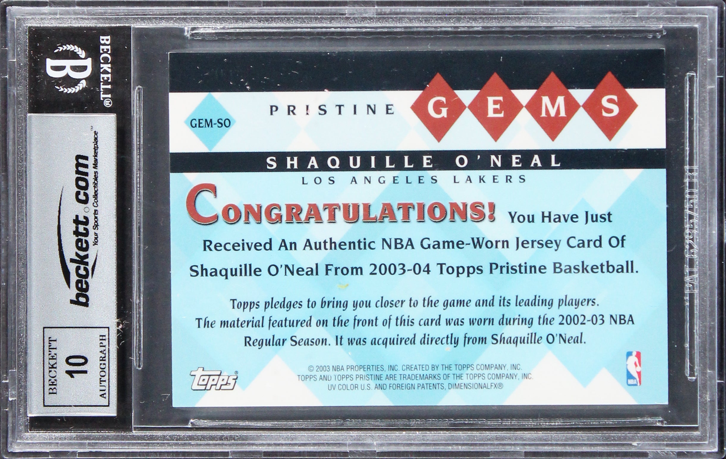 Shaquille O'Neal Signed 2003 Topps Pristine Gem Relics #SO Card Auto 10 BAS Slab