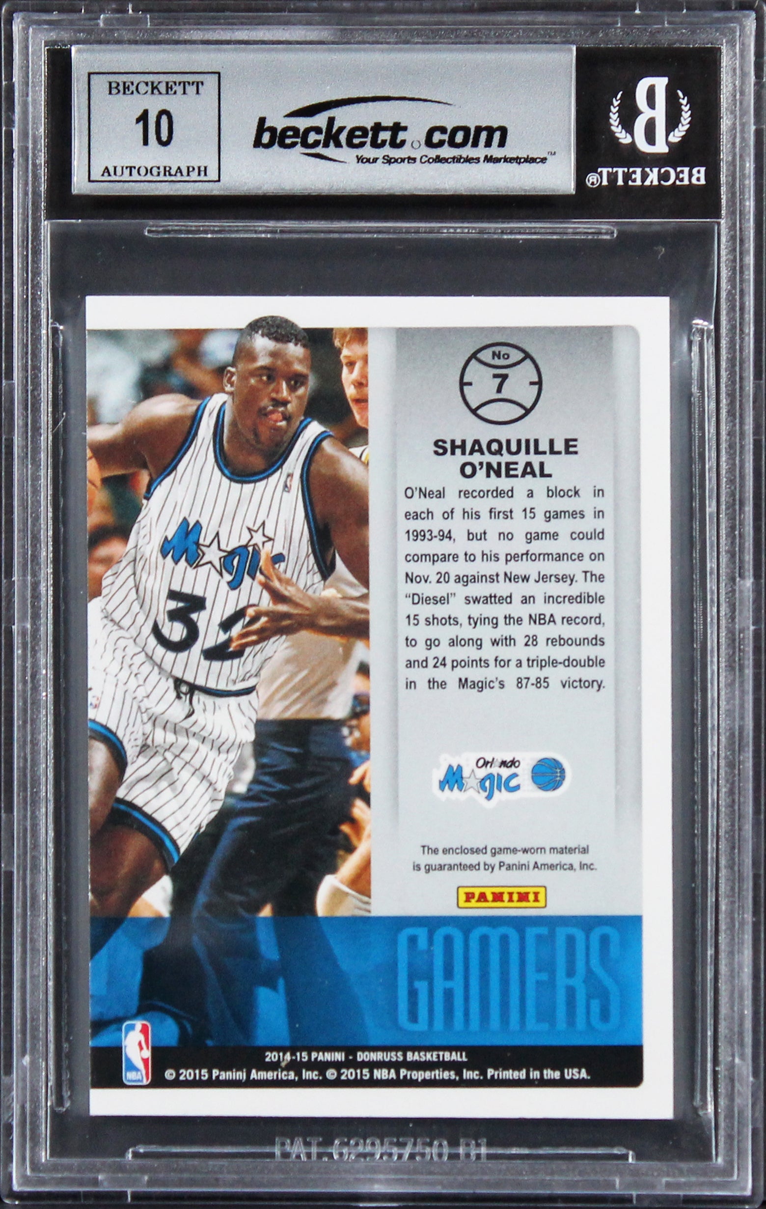 Shaquille O'Neal Signed 2014 Donruss Gamers Jerseys #7 Card Auto 10! BAS Slabbed