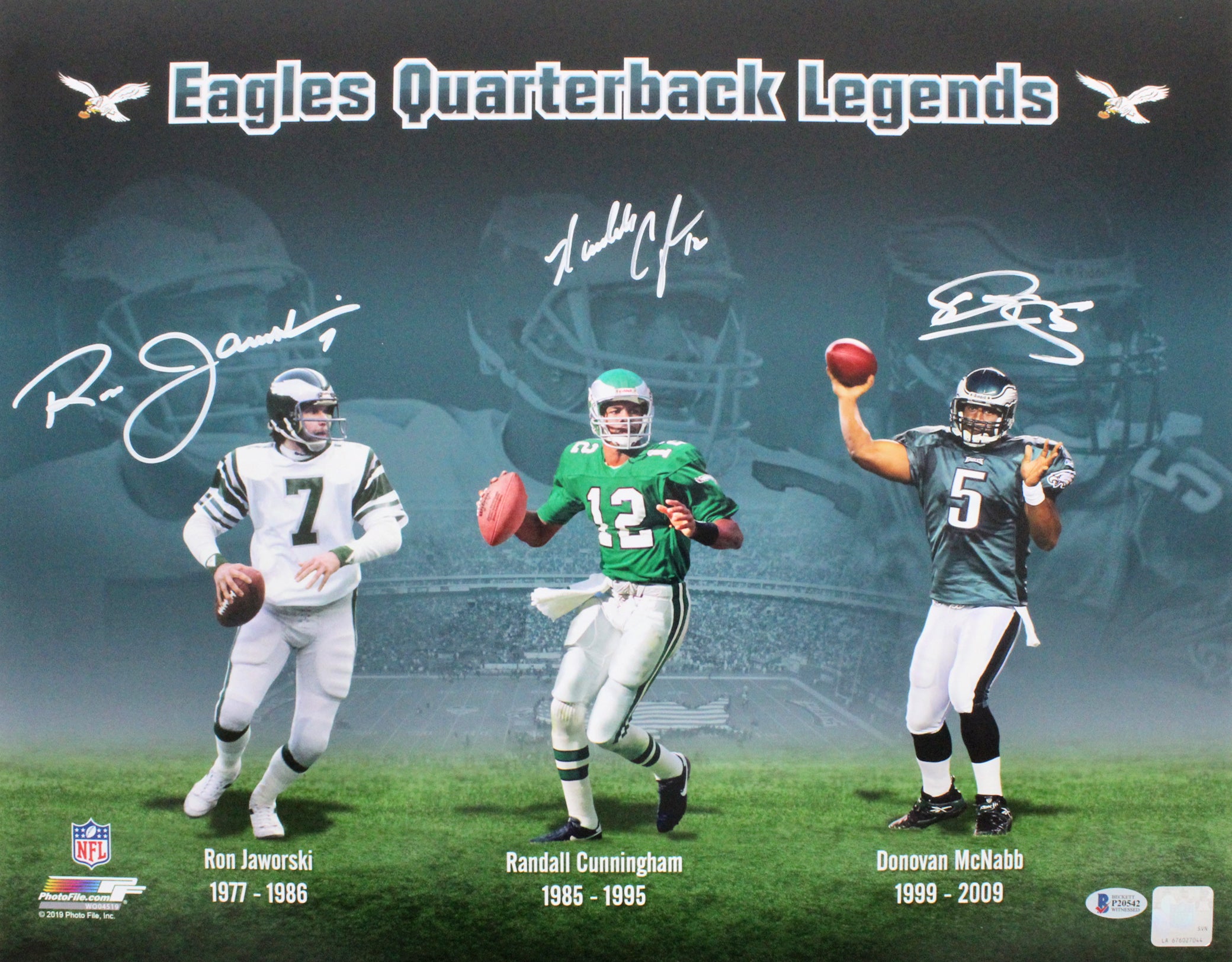 Eagles (3) McNabb, Cunningham & Jaworski Signed 16x20 Photo BAS Witnessed