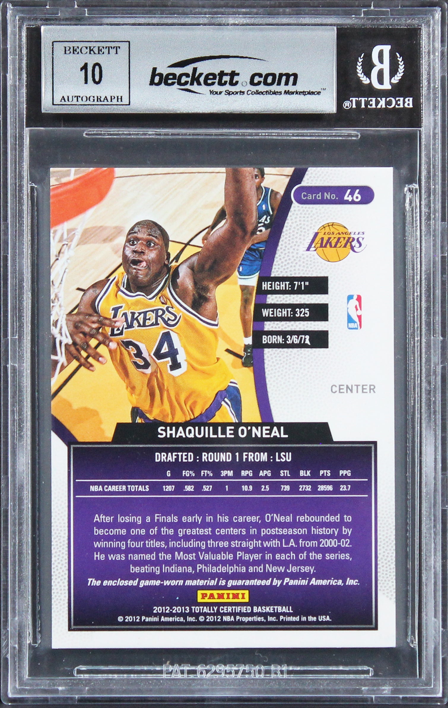 Shaquille O'Neal Signed 2012 Totally Certified Red Mat #46 Card Auto 10 BAS Slab