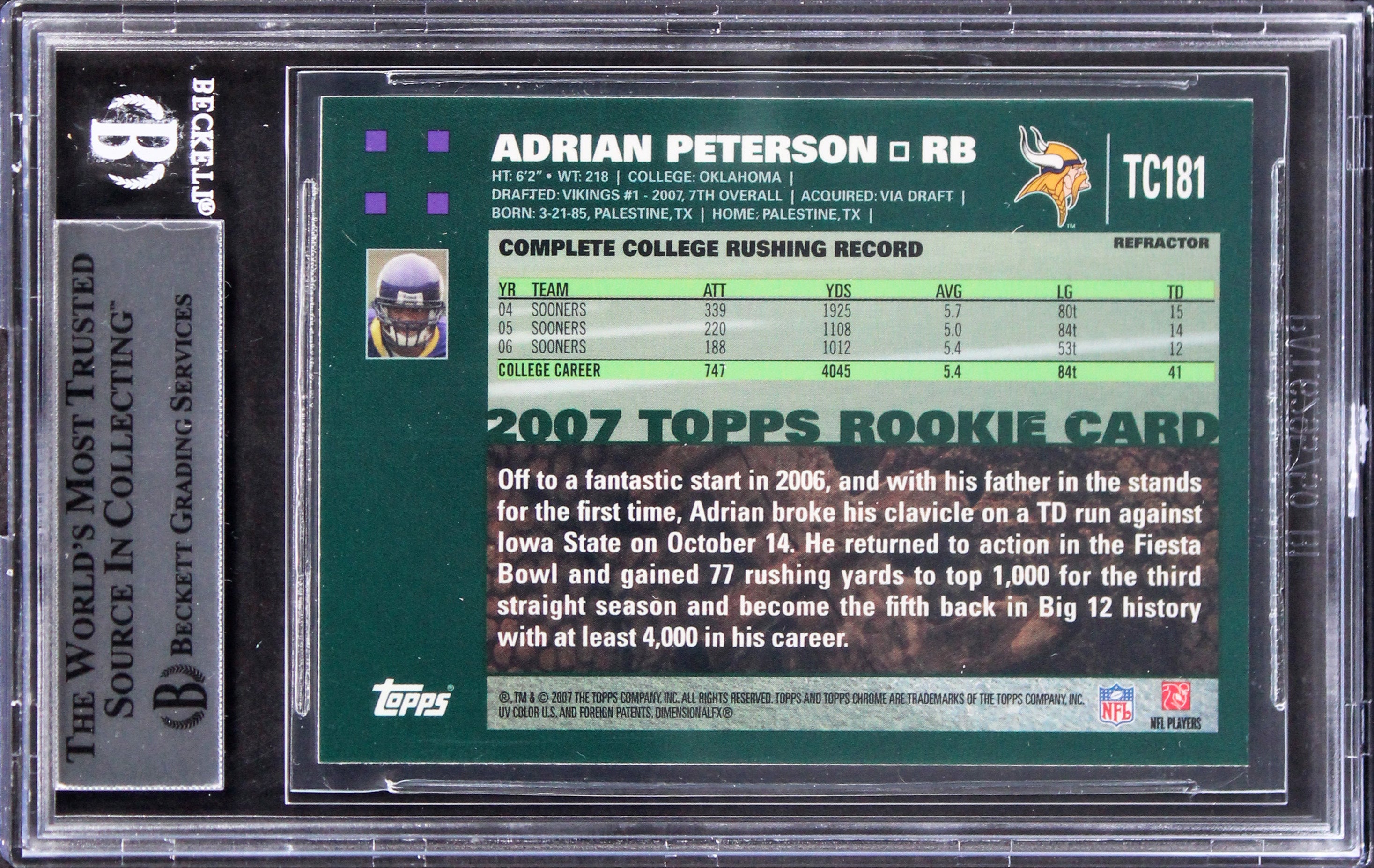 Adrian Peterson "ROY 2007" Signed 2007 Topps Chrome Ref #TC181 Card BAS Slabbed