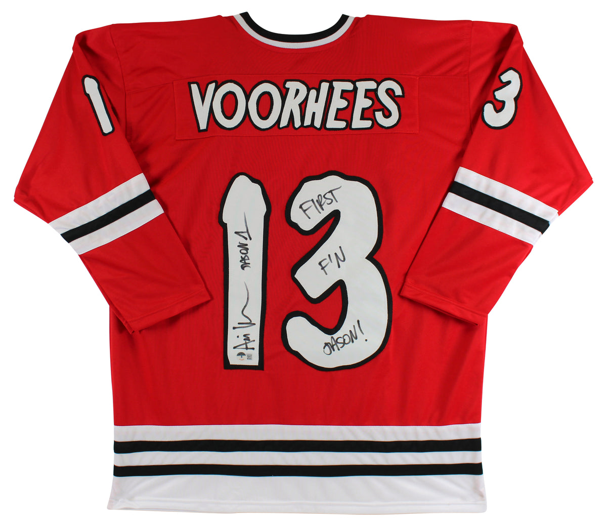 Ari Lehman First F'N Jason Signed Red Jason Voorhees Hockey Jersey BAS #WM00842