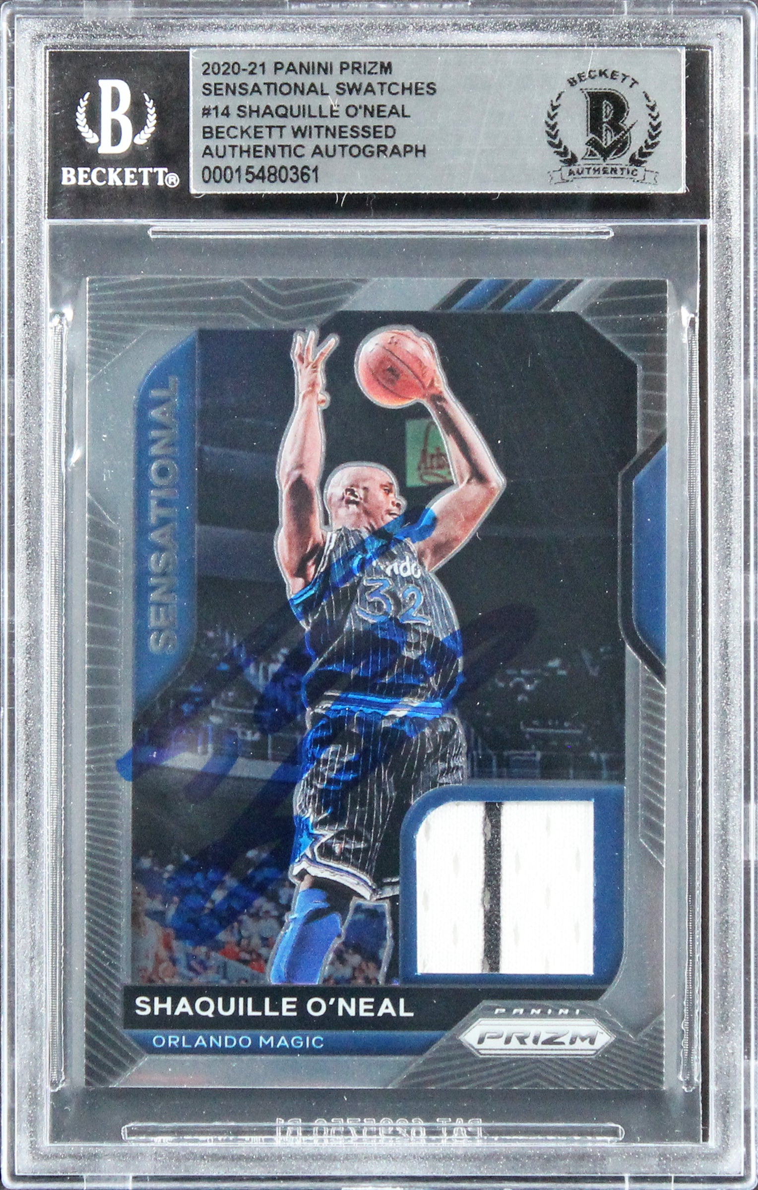 Magic Shaquille O'Neal Signed 2020 Panini Prizm Swatches #14 Card BAS Slabbed  1