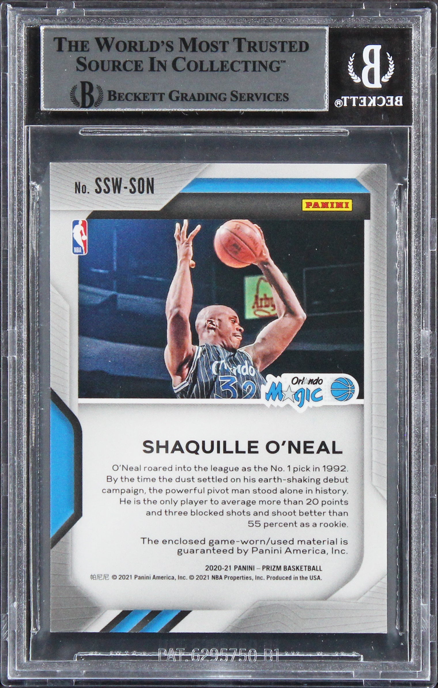 Magic Shaquille O'Neal Signed 2020 Panini Prizm Swatches #14 Card BAS Slabbed  2