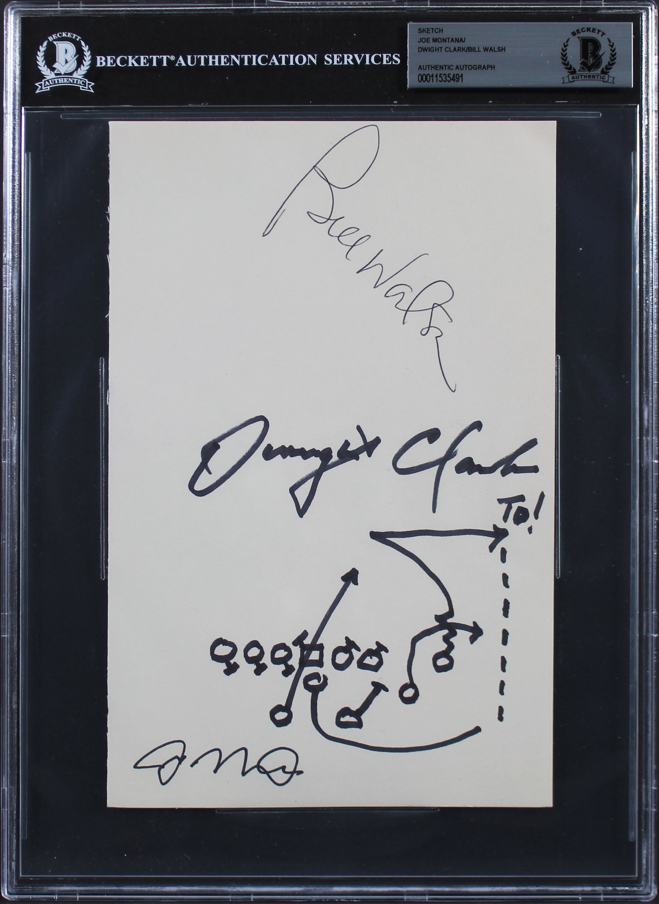 49ers (3) Montana, Walsh & Clark Signed 5.75x8 Cut w/ Hand Drawn Play BAS Slab 2