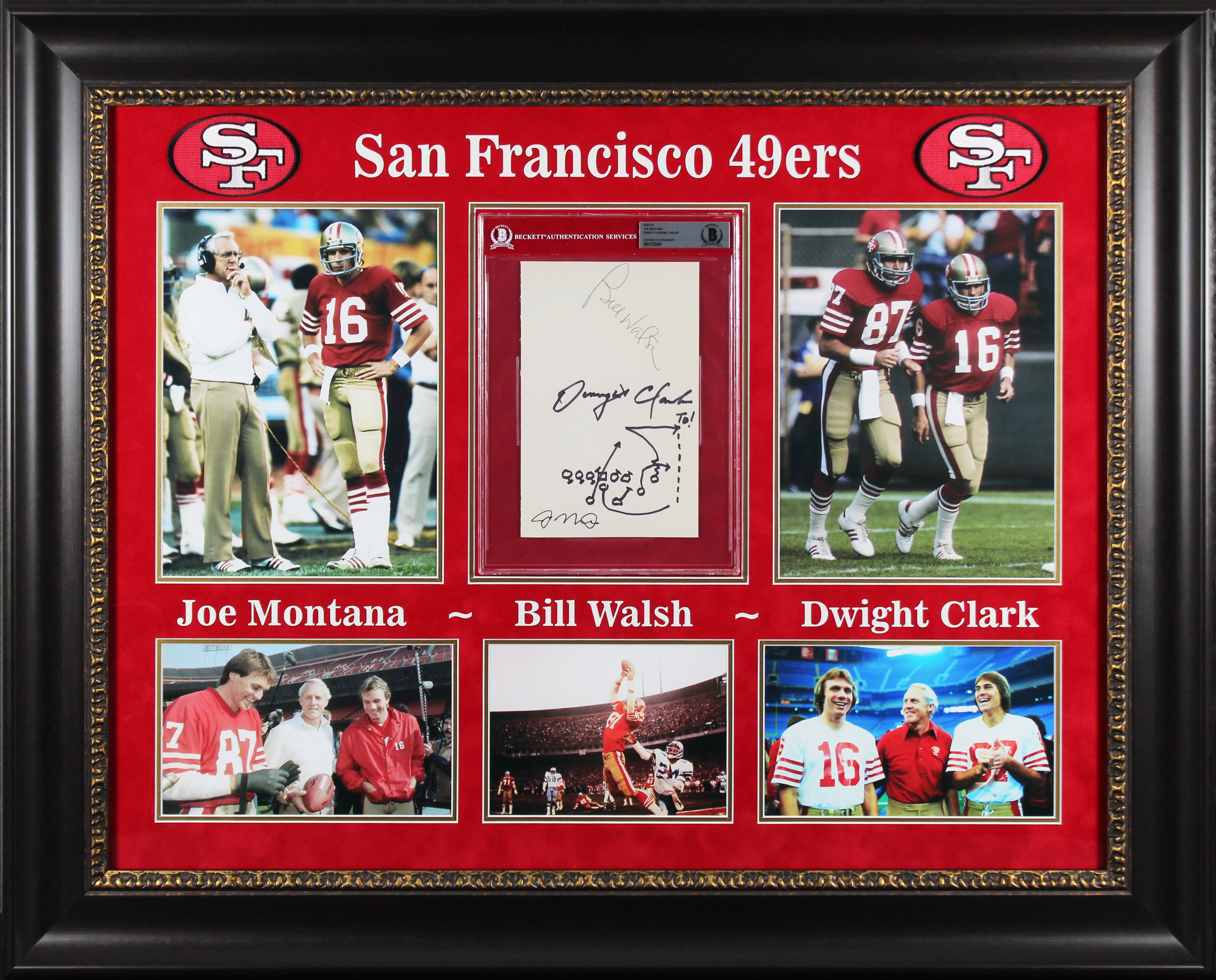 (3) Montana, Walsh & Clark Signed Framed Display w/ Hand Drawn Play BAS Slab