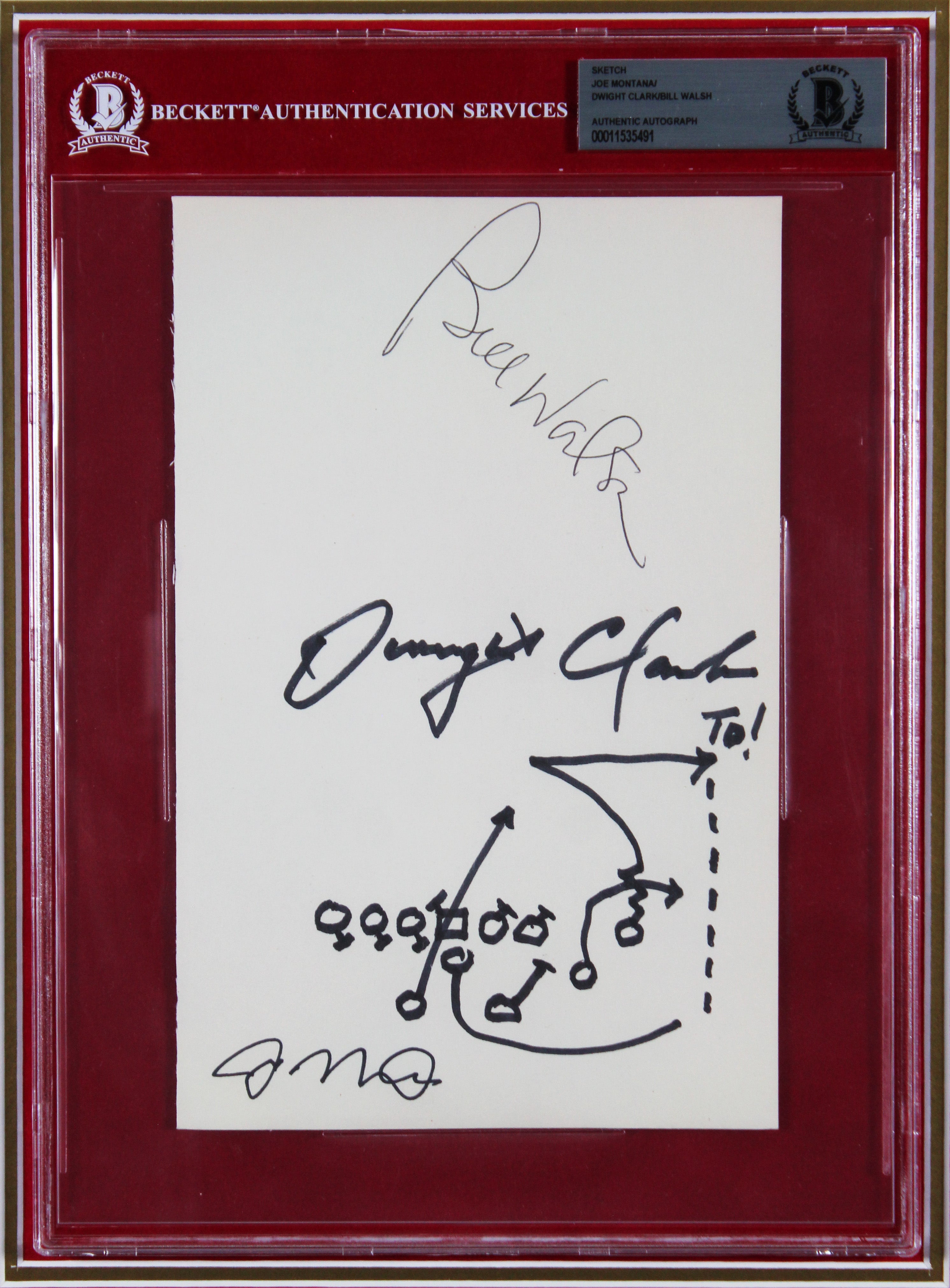 (3) Montana, Walsh & Clark Signed Framed Display w/ Hand Drawn Play BAS Slab