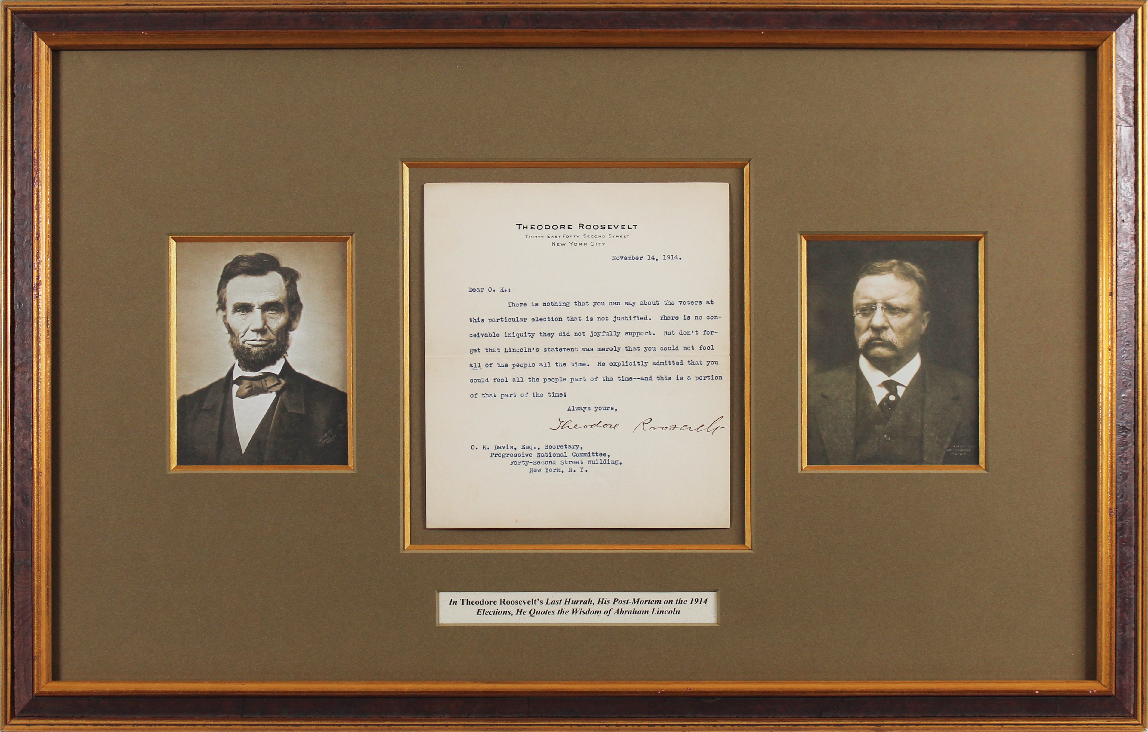 Theodore Roosevelt Authentic Signed & Framed 6.5x7.5 1914 Letter BAS #AA03725