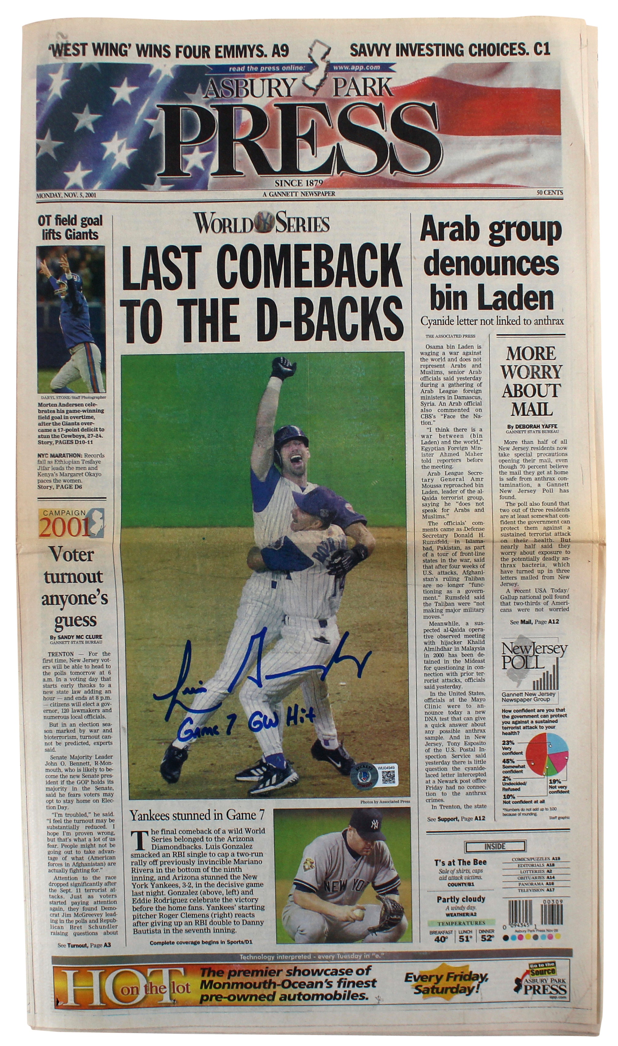 D-Backs Luis Gonzalez "Game 7 GW Hit" Signed Asbury Park Press Newspaper BAS Wit